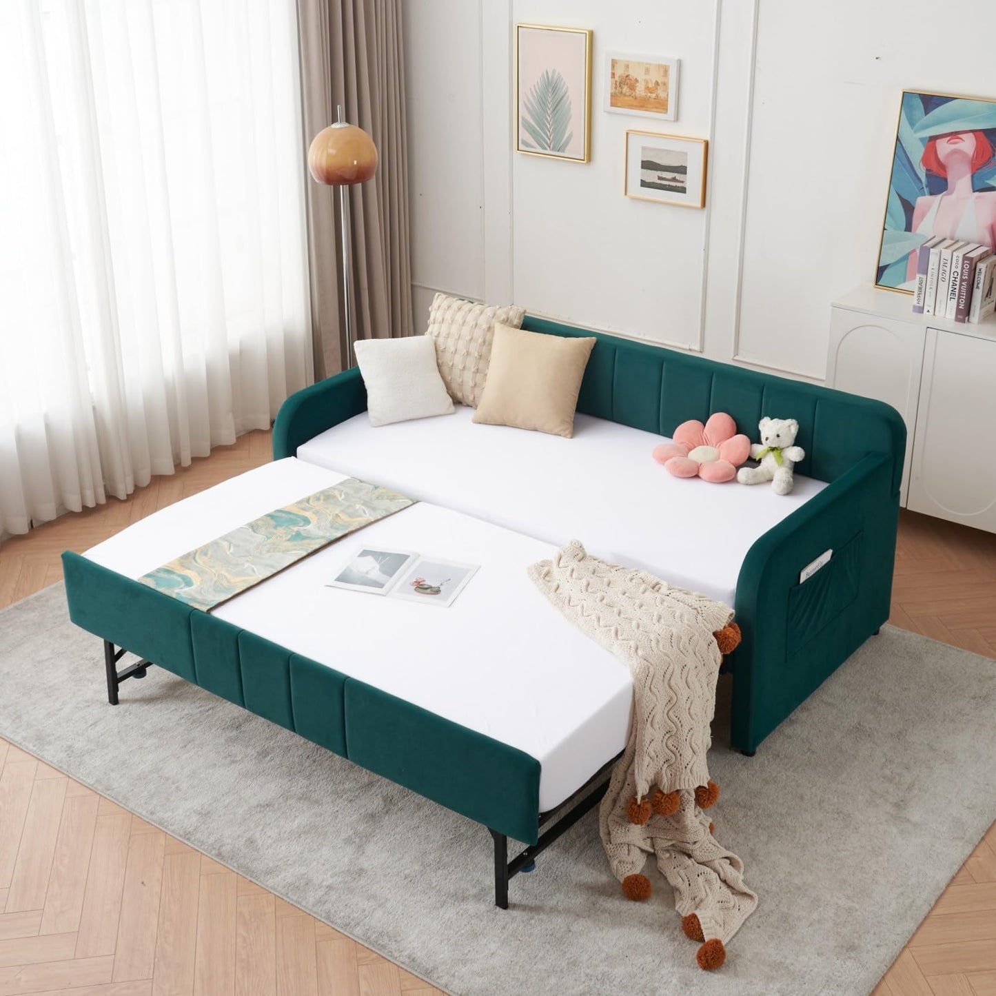 KEIKI Twin Velvet Corner Daybed with Liftable Trundle, USB Charging, Pockets, Converts to King Size, Upholstered Headboard Captain Sofa Day Bed Frames for Small Room, Bedroom, Kids' Room, Emerald