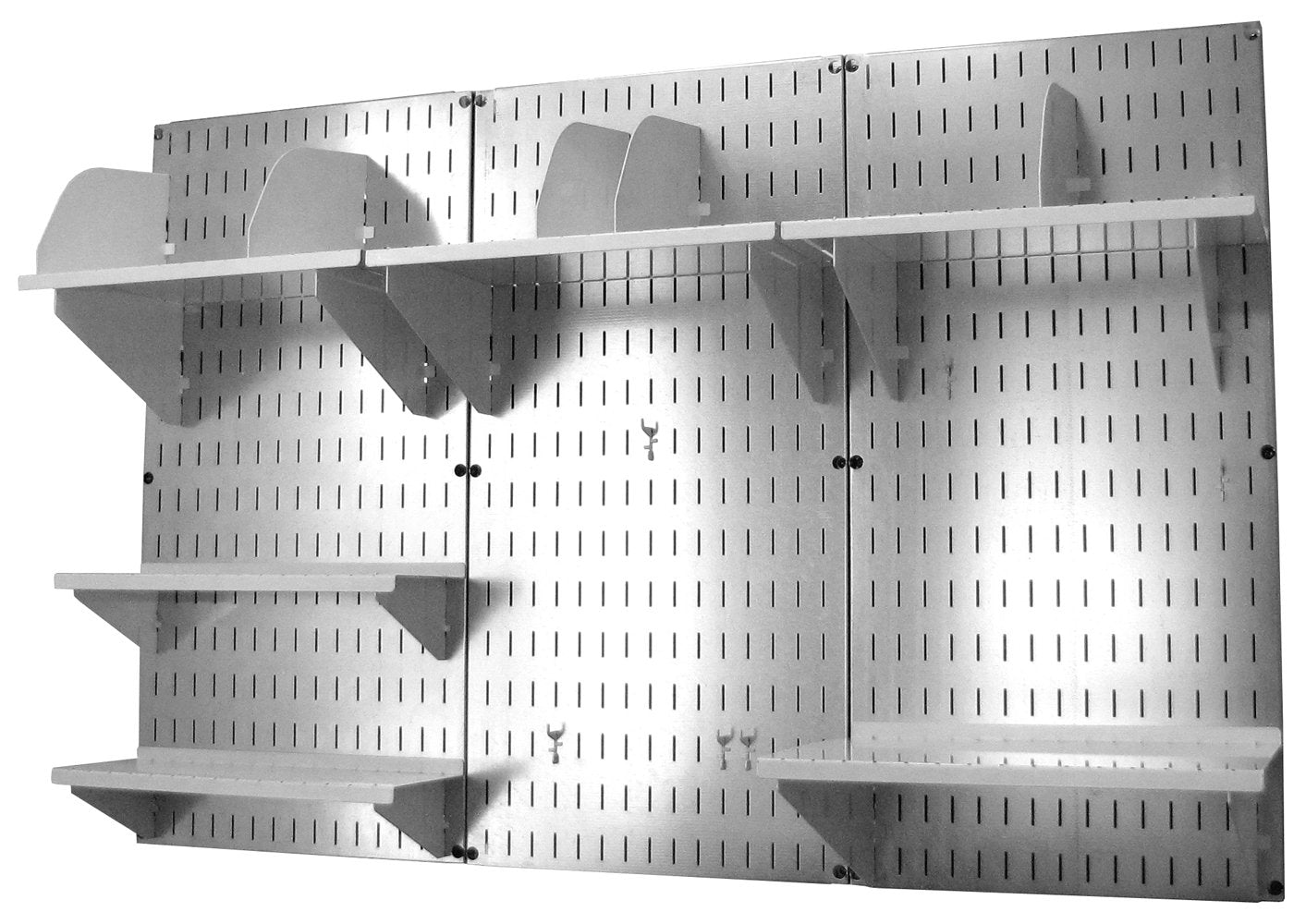 Wall Control Office Organizer Unit Wall Mounted Office Desk Storage and Organization Kit Metallic Slotted Wallboards and White Accessories