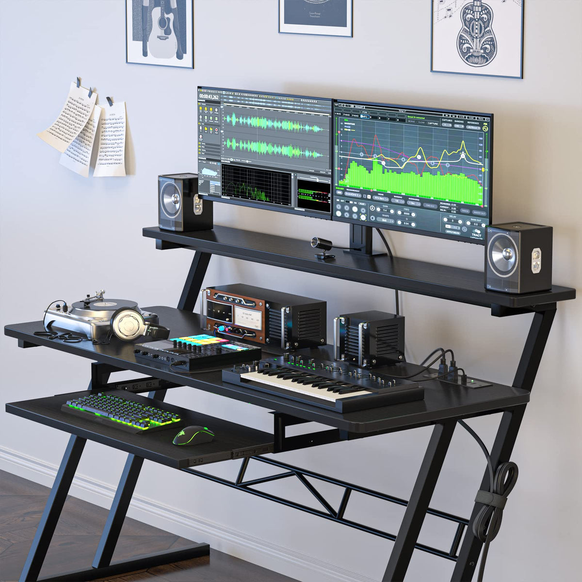 Armocity Music Studio Desk, Music Production Workstation with Power Outlets, Recording Studio Table Desks Music Producer for Home, Black