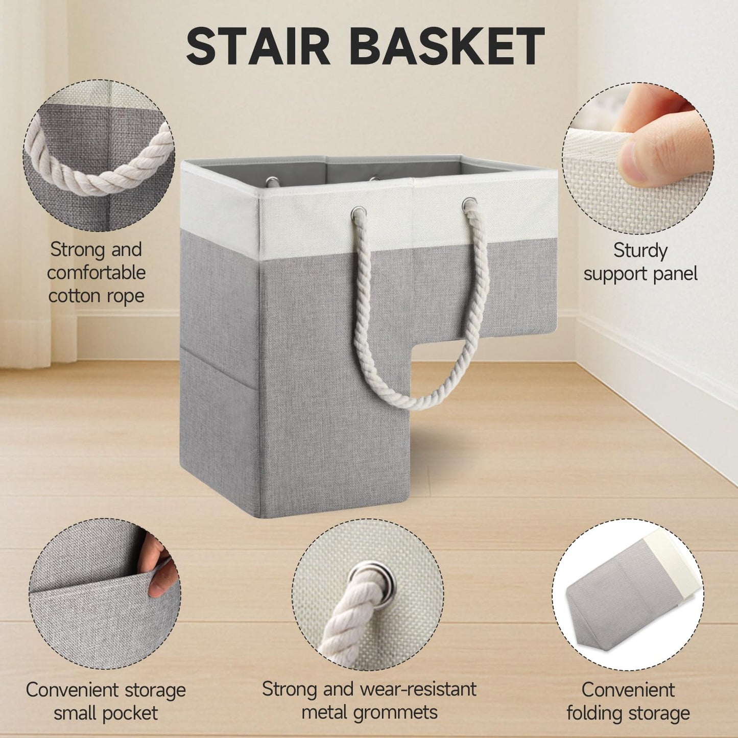 Gachiwar Stair Basket, 16 x 10 x 8 Inches Stair Basket for Stairs with Handle, Clothes Storage Bins, Foldable Staircase Storages Organizer, Versatile Sturdy Bag for Toys, Clothes, Books, Tools (Gray)