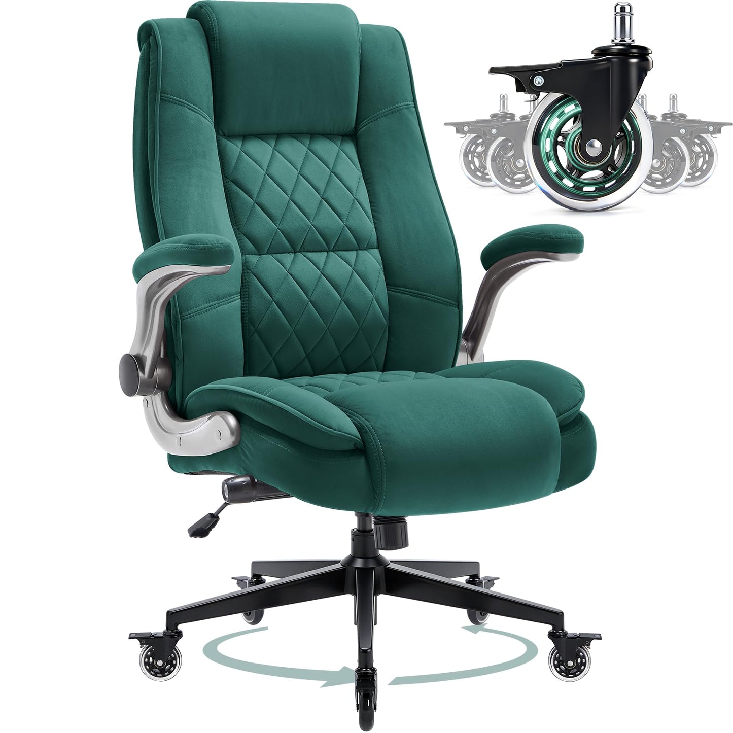 Fabric High Back Office Chair with Lockable Quiet Casters, Thick Padded Ergonomic Computer Chair- Adjustable Lumbar Support & Flip-Up Arms, Wide Executive Desk Chair for Back Pain, 400LBS Capacity