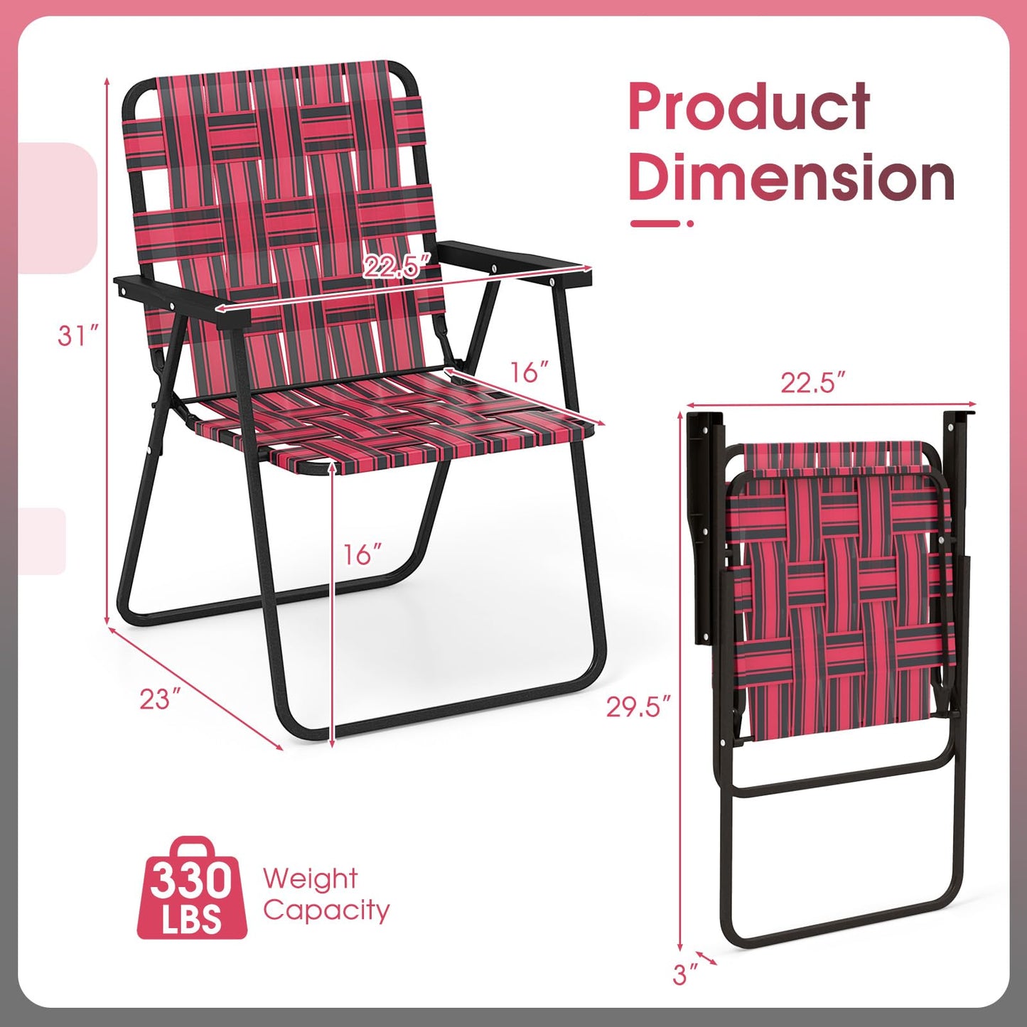 Giantex Beach Chairs Set of 6, Patio Folding Lawn Chairs for Adults, Outdoor Webbing Chair w/Steel Frame, Lightweight & Portable Camping Chairs for Fishing, Yard, Garden, Poolside Webbed Chairs, Red