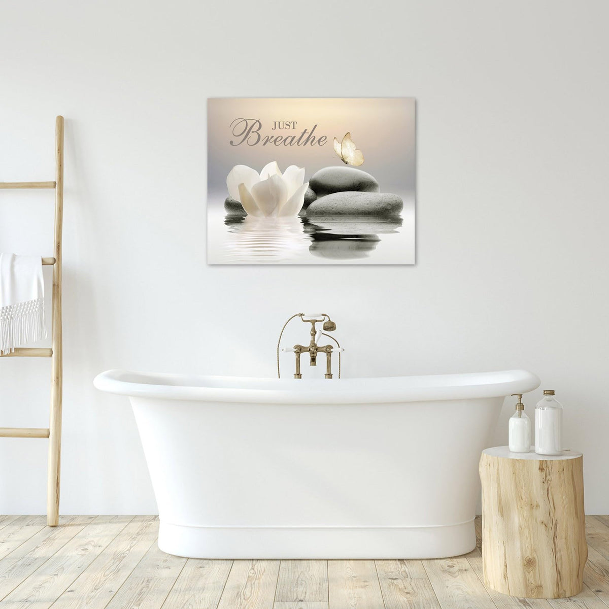 EOBTAIN Zen Flower Canvas Wall Art Bathroom Butterfly and Water Lily Stone Relaxing Spiritual Yoga Framed Wall Art Just Breathe Pictures Canvas Wall Decor for Living Room Bedroom,12x16 Inches