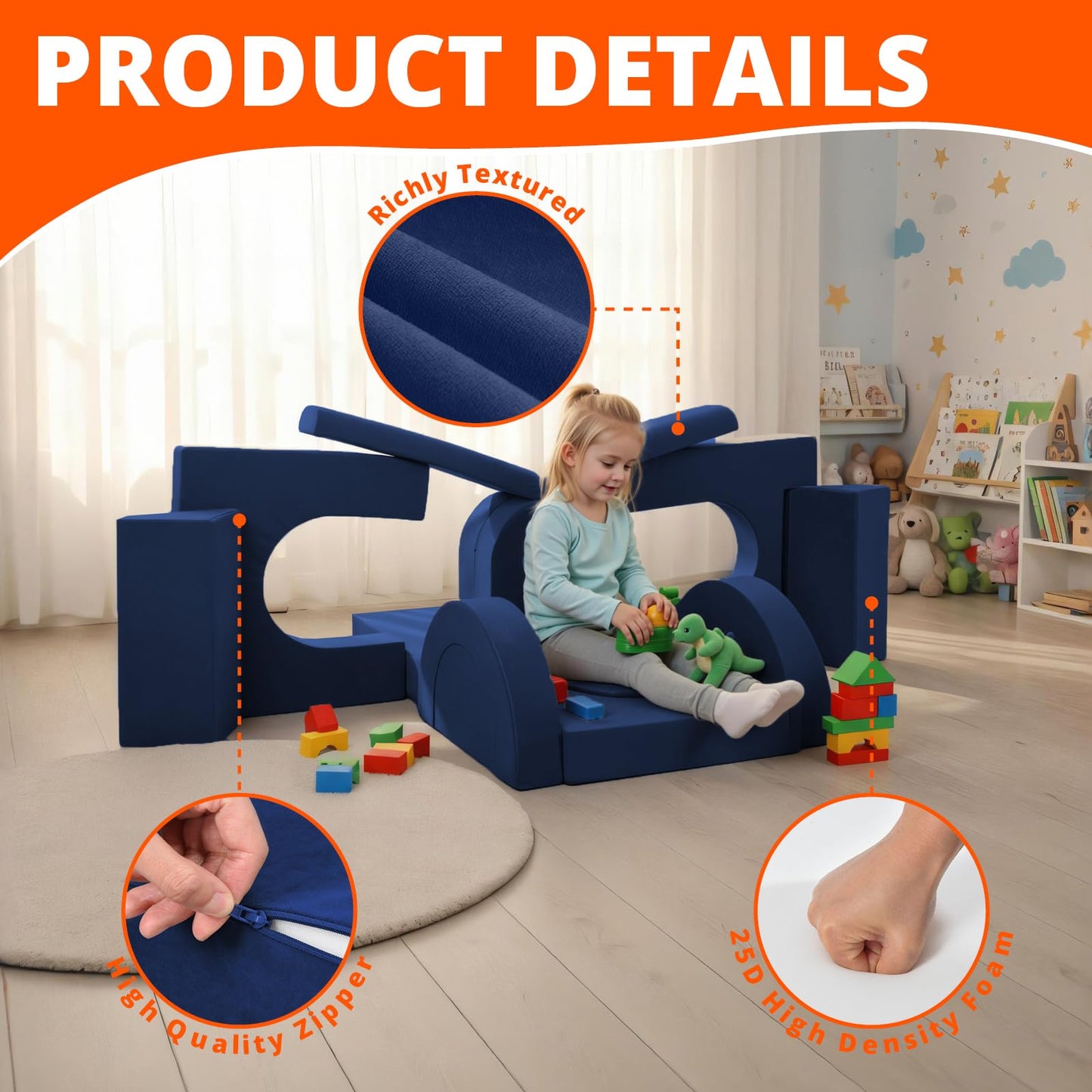 Fvkind Modular Kids Play Couch 16pcs, Kids Toddler Couch Building Fort for Playroom, Bedroom, Toddler Sectional Play Sofa, Convertible Foam Cushion Sofa for Boys and Girls, Blue