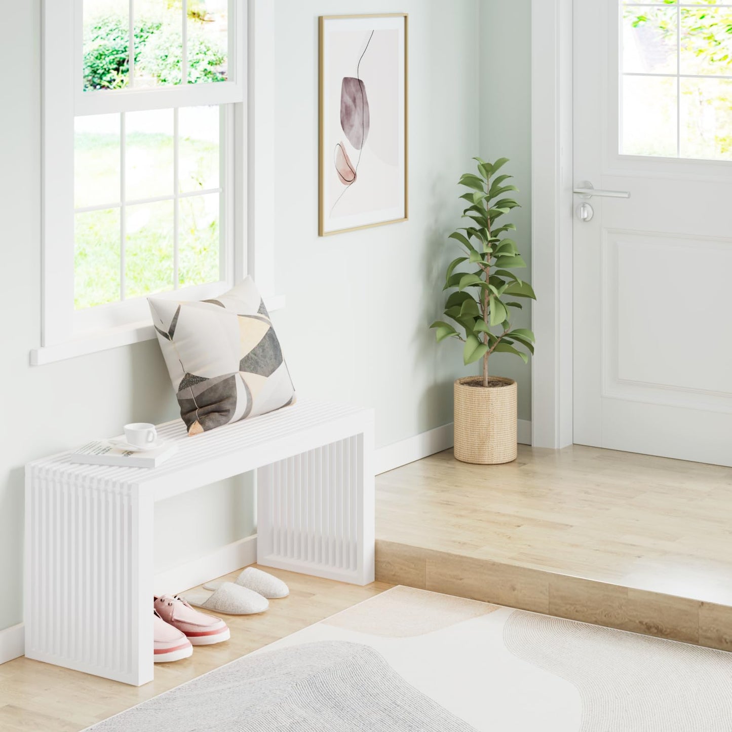 APRTAT Bamboo Dining Bench Indoor Long Entryway Shoe Rack Benchs,Outdoor Modern Wood Benches 35 Inch Bamboo Bench for Living Room Hallway Bedroom Bathroom White