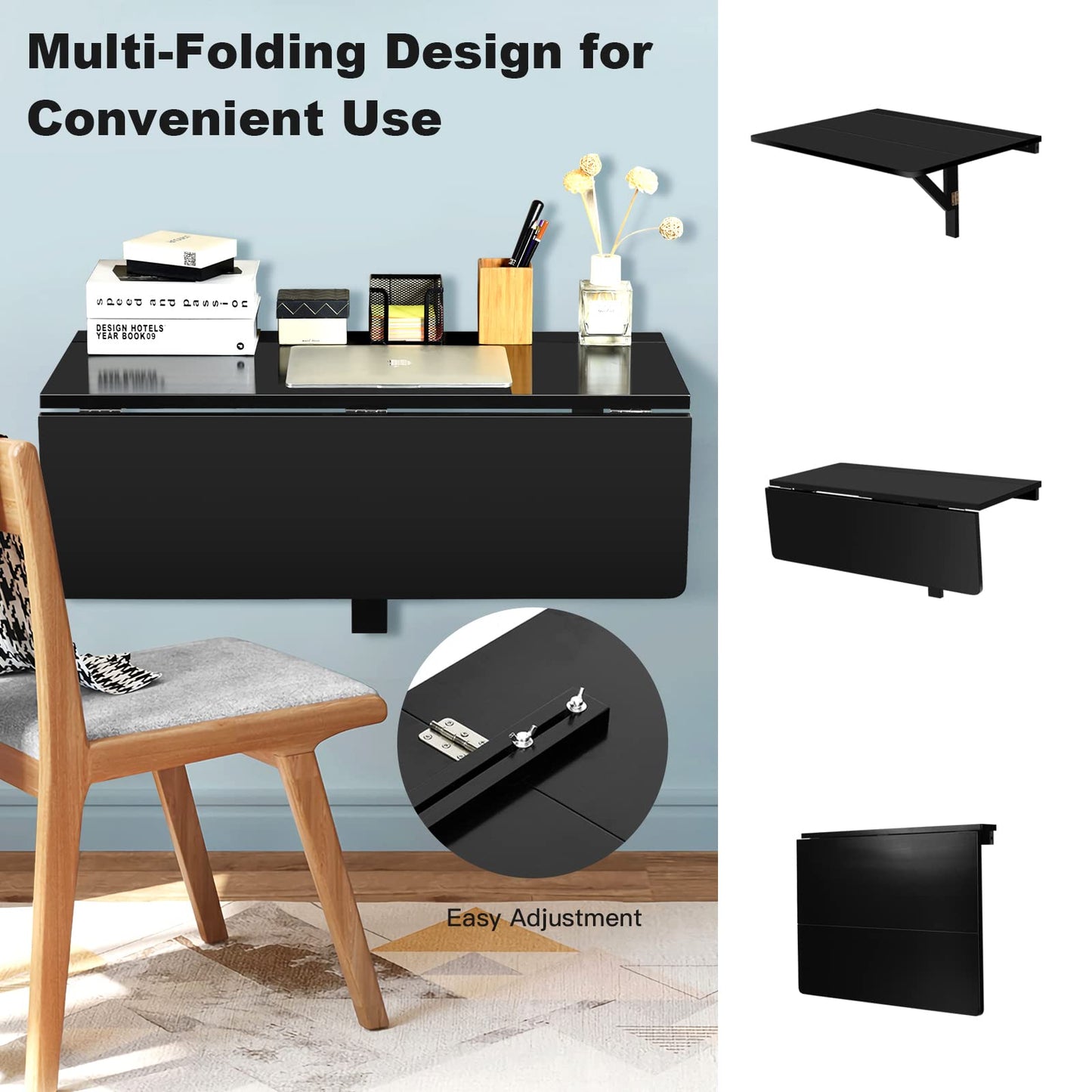 COSTWAY Wall Mounted Folding Table, 31.5" x 23.5" Drop-Leaf Floating Writing Desk for Small Spaces, Space-Saving Fold Down Laptop Workstation for Kitchen, Bedroom, Laundry Room, Study Room (Black)