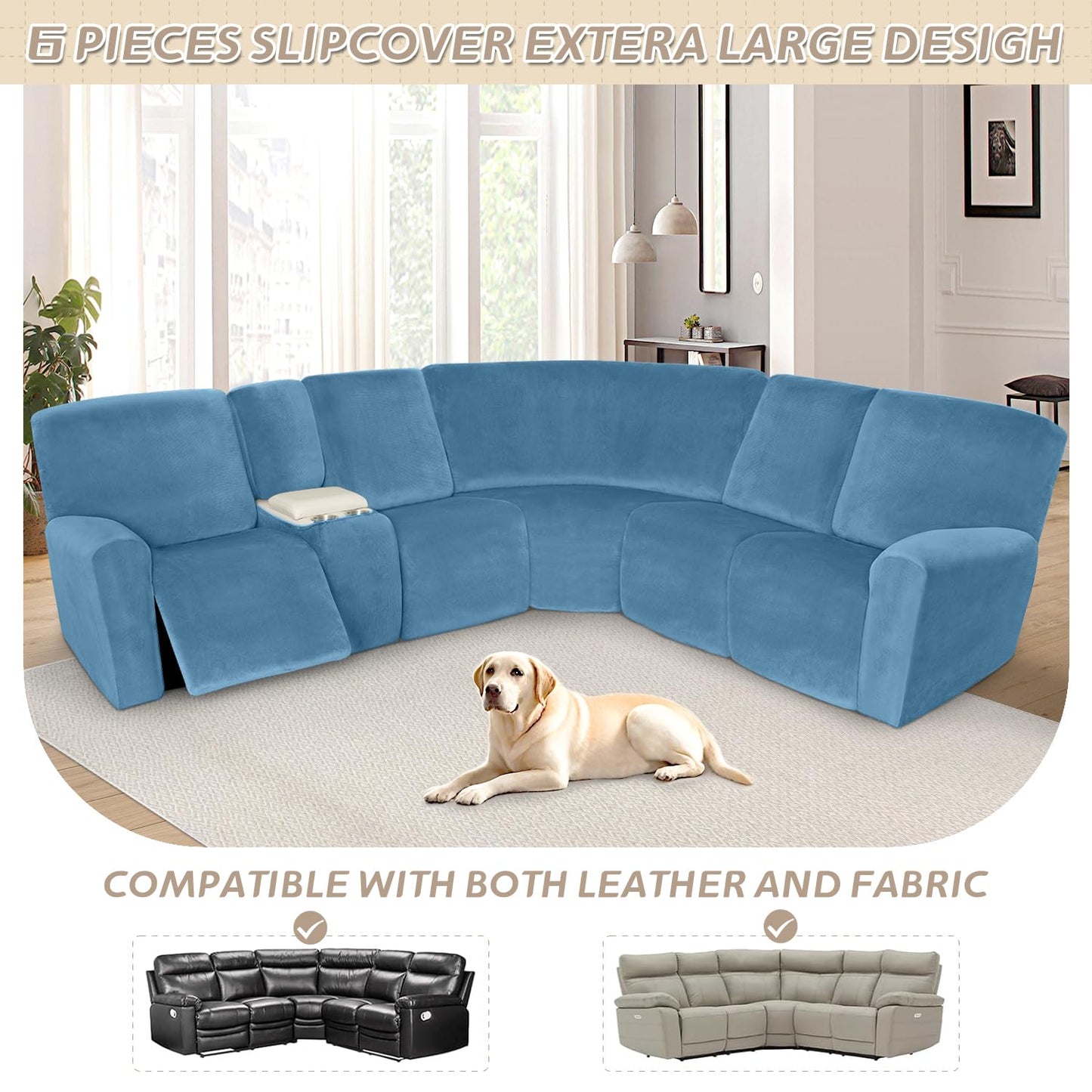 Arfntevss Sectional Recliner Couch Covers Velvet Washable Corner Sectional Sofa Cover for Reclining Stretch Soft Thick L Shape Recliner Slipcover Set (5 Seat with 1 Console Cover, Light Blue)