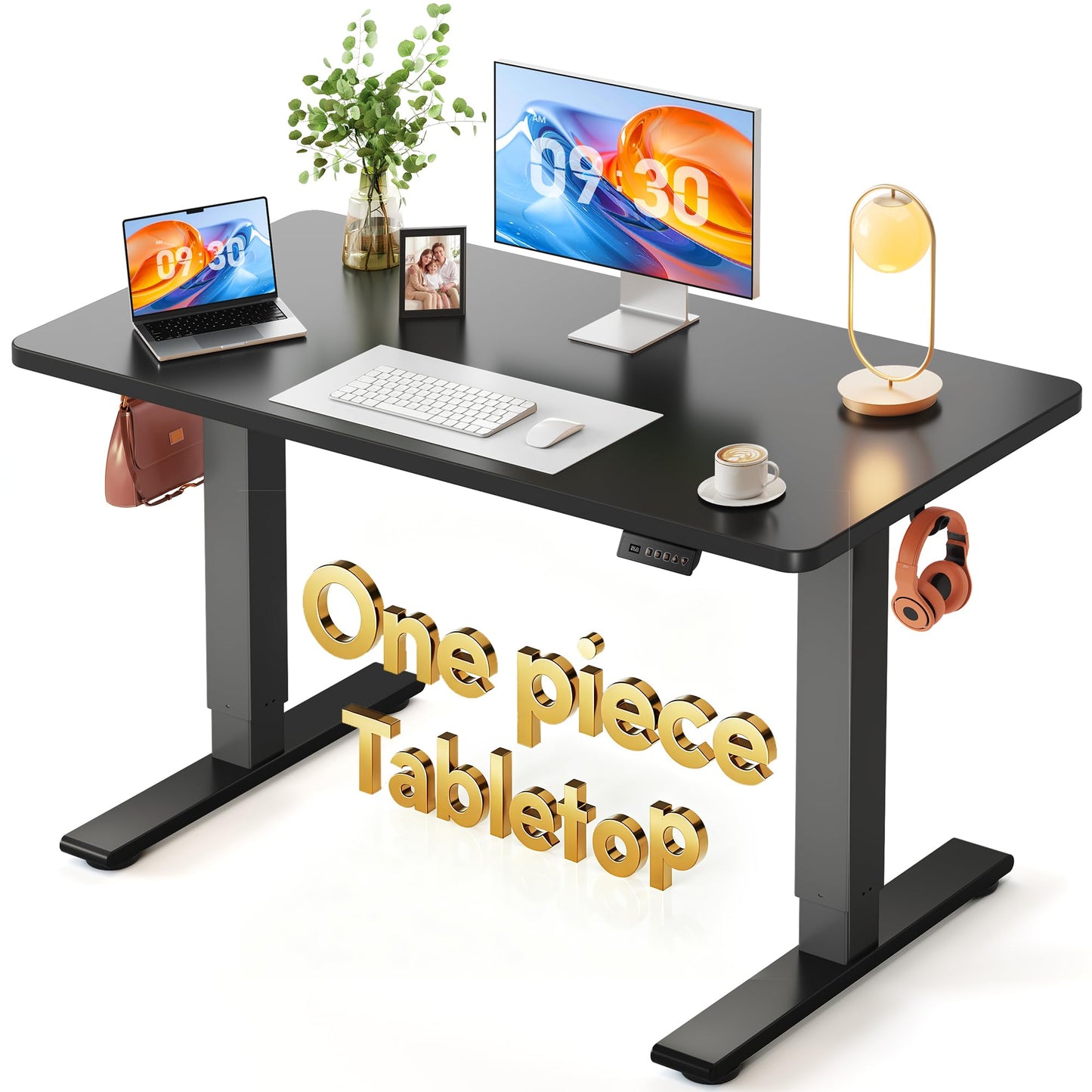 FEZIBO One-Piece Standing Desk, 48"x24" Seamless Tabletop Electric Height Adjustable for Home Office, Study Rooms & Multi-Device Workstations, Black