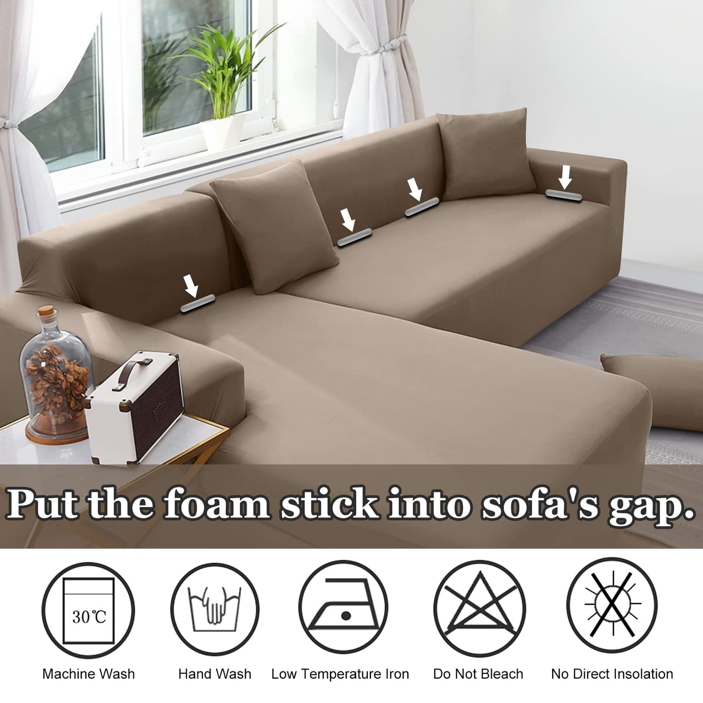 NAISI Couch Cover L Shape 2 Pieces Sofa Cover Soft Stretch Slipcovers with 2pcs Pillowcases Furniture Protector Sectional Couch Covers 3 Seater + 3 Seater(Tan)