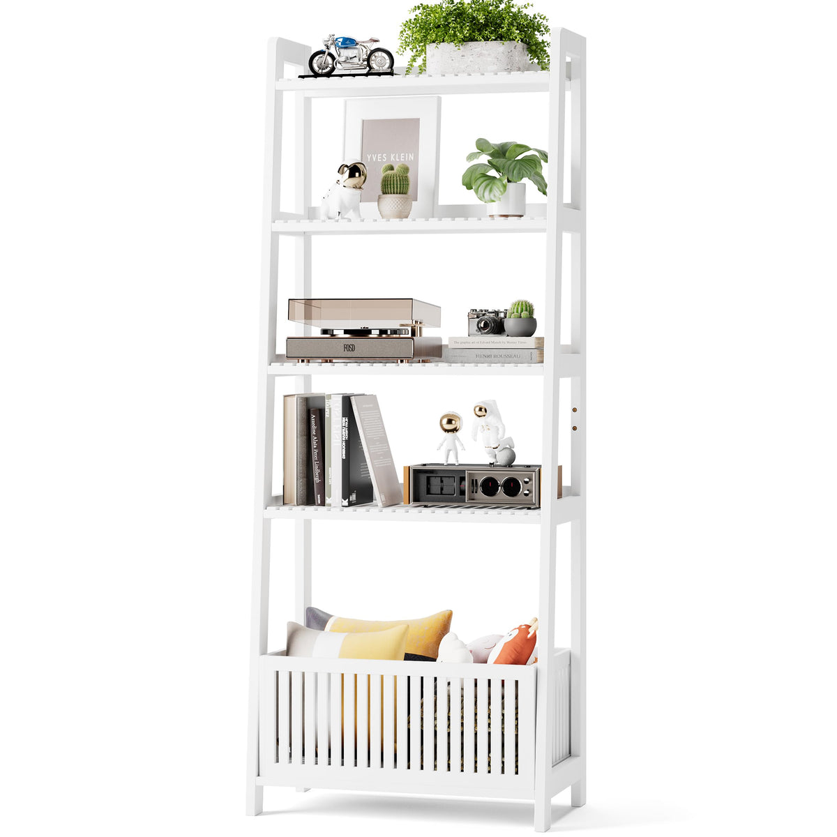 Bamjoy Bamboo White Bookshelf with Slatted Basket, Ladder Bookcase with 4 Display Shelves and 1 Open Storage Basket, Multifunctional Storage Rack Organizer for Home Office, Bedroom, Living Room, 66” H