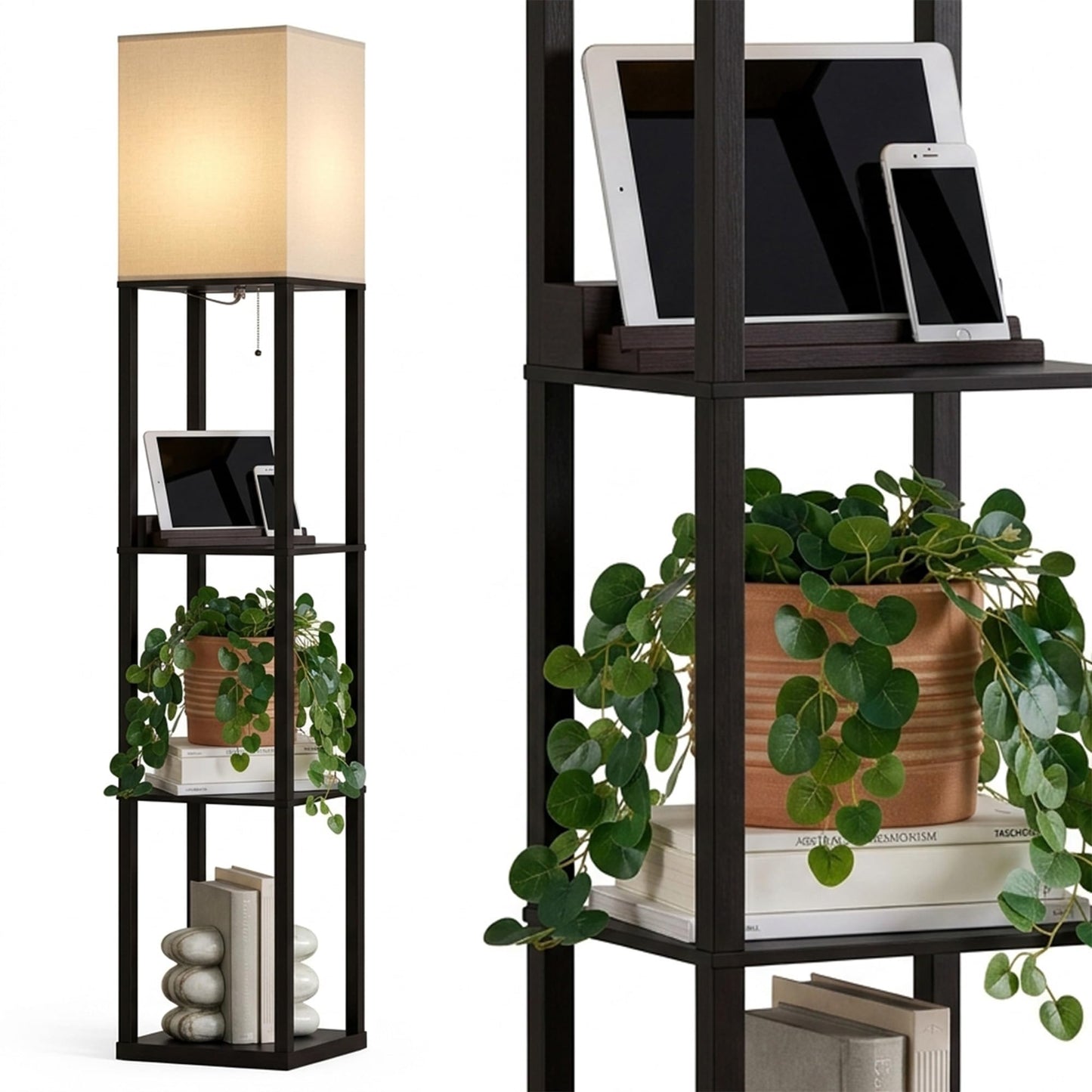 Brightech Maxwell Charger - Modern Shelf Floor Lamp with USB Charging Ports & Electric Outlet - Corner Display Floor Lamps with Shelves for Living Room, Bedroom and Office - Black