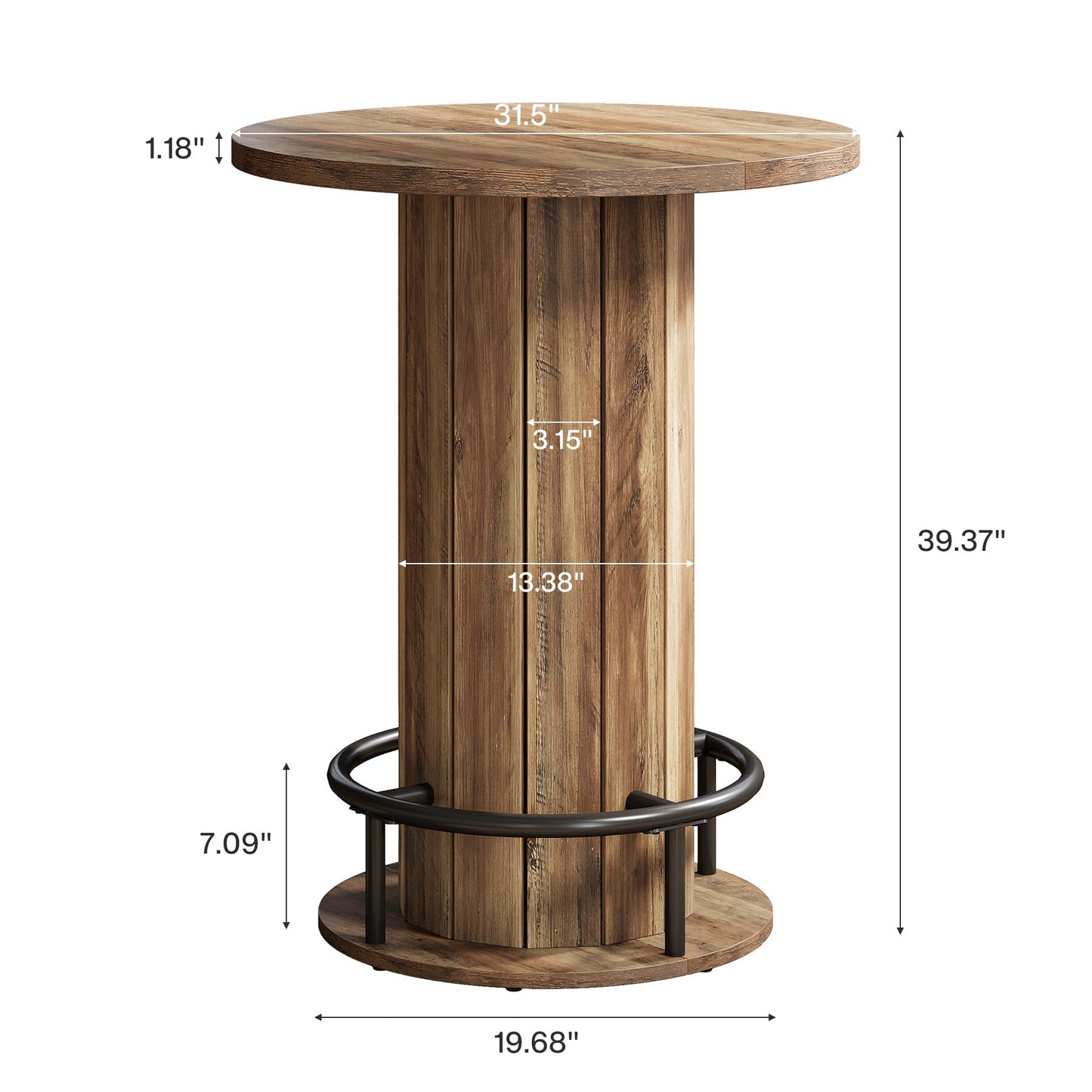 Tribesigns Round Bar Table, 39.4" H Wood Bistro Pub Table with Metal Ring Footrest for Dining Coffee Cocktail Living Room, Small Space, Brown(Only Table)