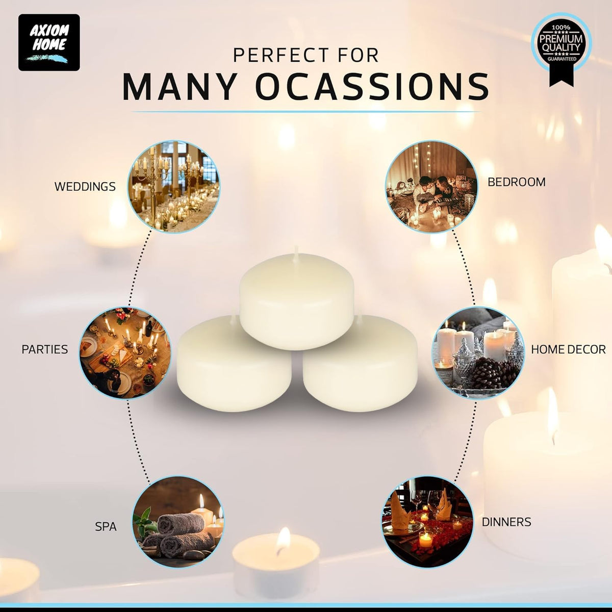 Axiom - Ivory Floating Candles (24-Pack) - 2 inch floater for Centerpieces - Hand-Rolled Paraffin, Cotton Wicks, 4-Hour Clean Burn - Unscented, Dripless Water Candles for Weddings, Parties, Home Decor