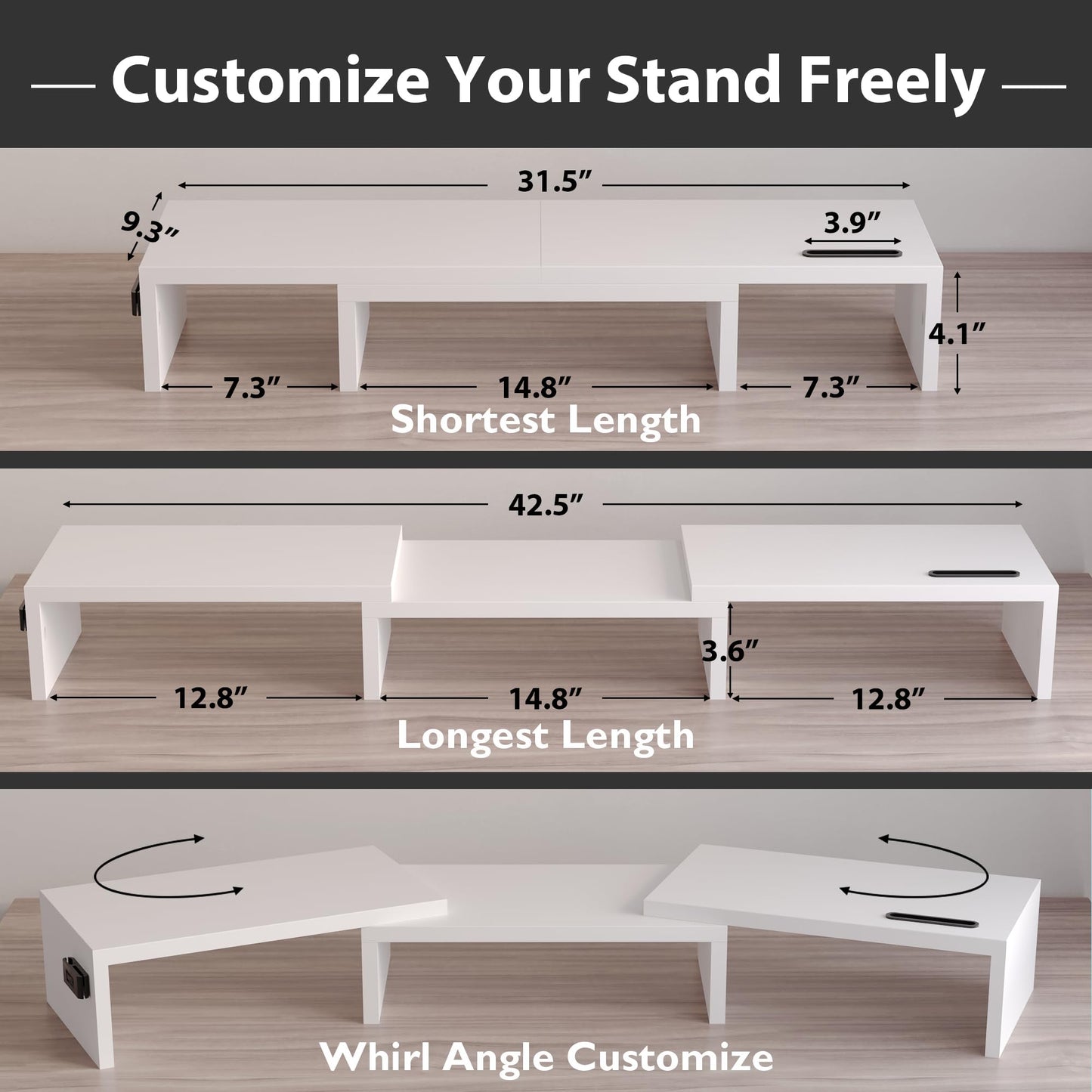 BONTEC Dual Monitor Stand Riser, Adjustable Length & Swivel Angle, Ergonomic Wooden Desktop Organizer with Smartphone Holder, Computer Monitor Stand for PC Monitor, Laptop, Printer, Large Storage