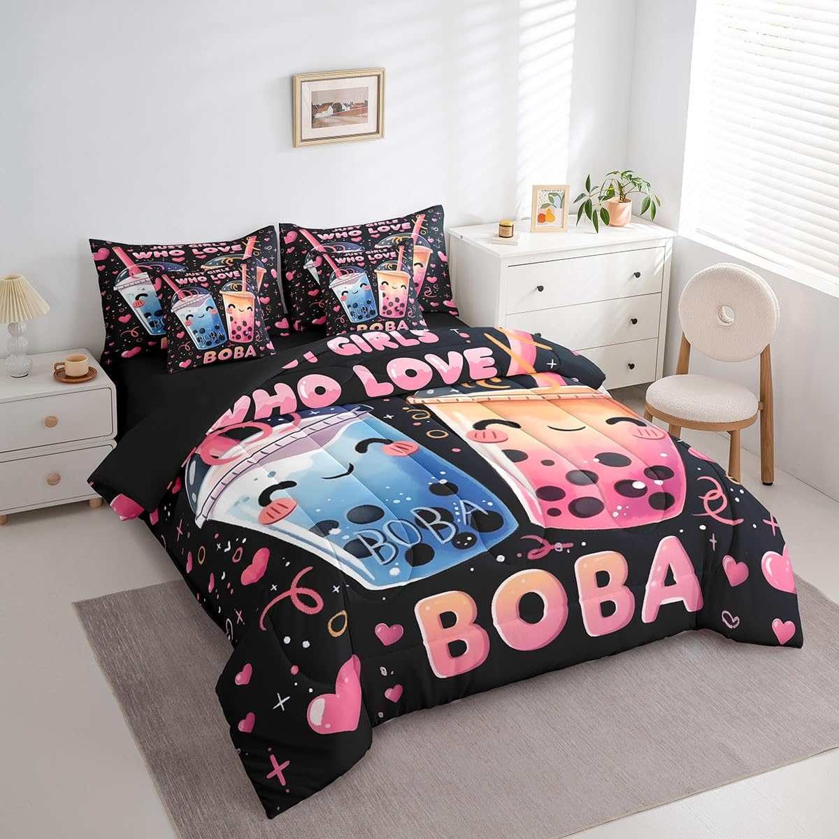Erosebridal 7 Piece Boba Tea Queen Bedding Set,Bubble Tea Bed Set Cute Boba Gifts for Kids Teen Girls,Funny Food Theme Comforter Set Kawaii Anime Bed in a Bag with Fitted+Flat Sheet,Pillowcases
