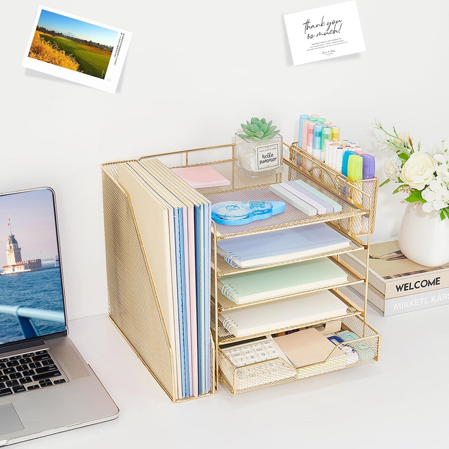 Gugsey Desk Organizers and Accessories, 5-Tier Paper Letter Tray Organizer with File Holder, Drawer & Pen Holder, Office Desk Accessories, Desktop Organizer for Classroom Office Supplies, Gold