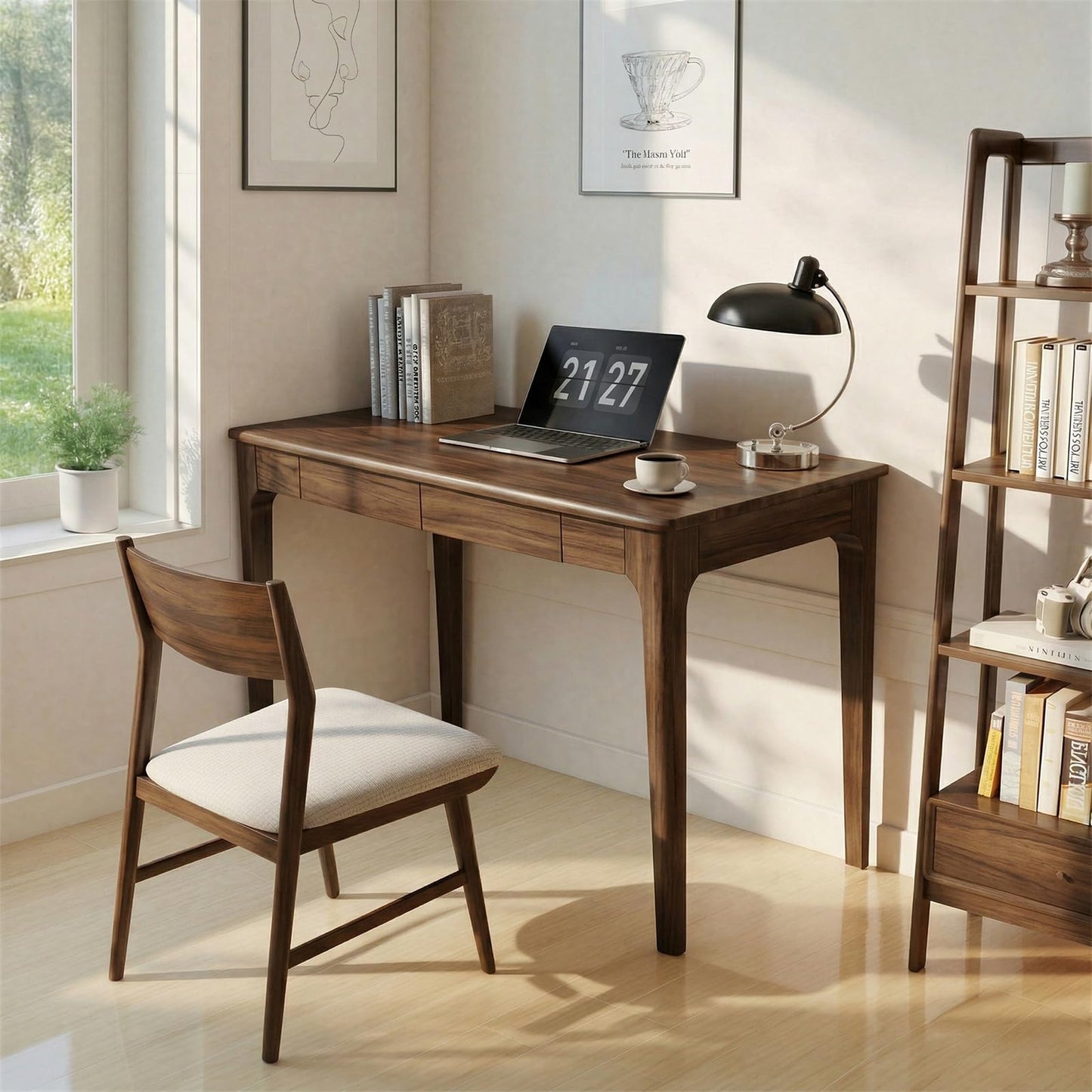 Zevemomo 47" Solid Wood Desk, Walnut Wooden Office Executive Desk with 2 Storage Drawers, Modern Gaming Sturdy Writing Table, Solid Wood Computer PC Workstation, Wooden Table for Bedroom Living Room