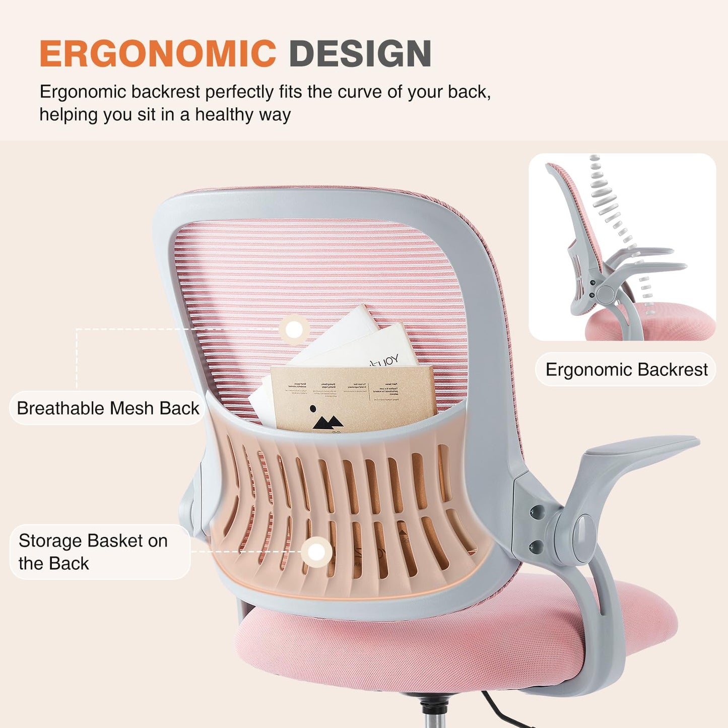 Sweetcrispy Home Office Computer Desk Chair, Ergonomic Mid-Back Mesh Rolling Work Swivel Task Chairs with Wheels, Comfortable Lumbar Support, Comfy Flip-up Arms for Bedroom, Study, Student, Pink