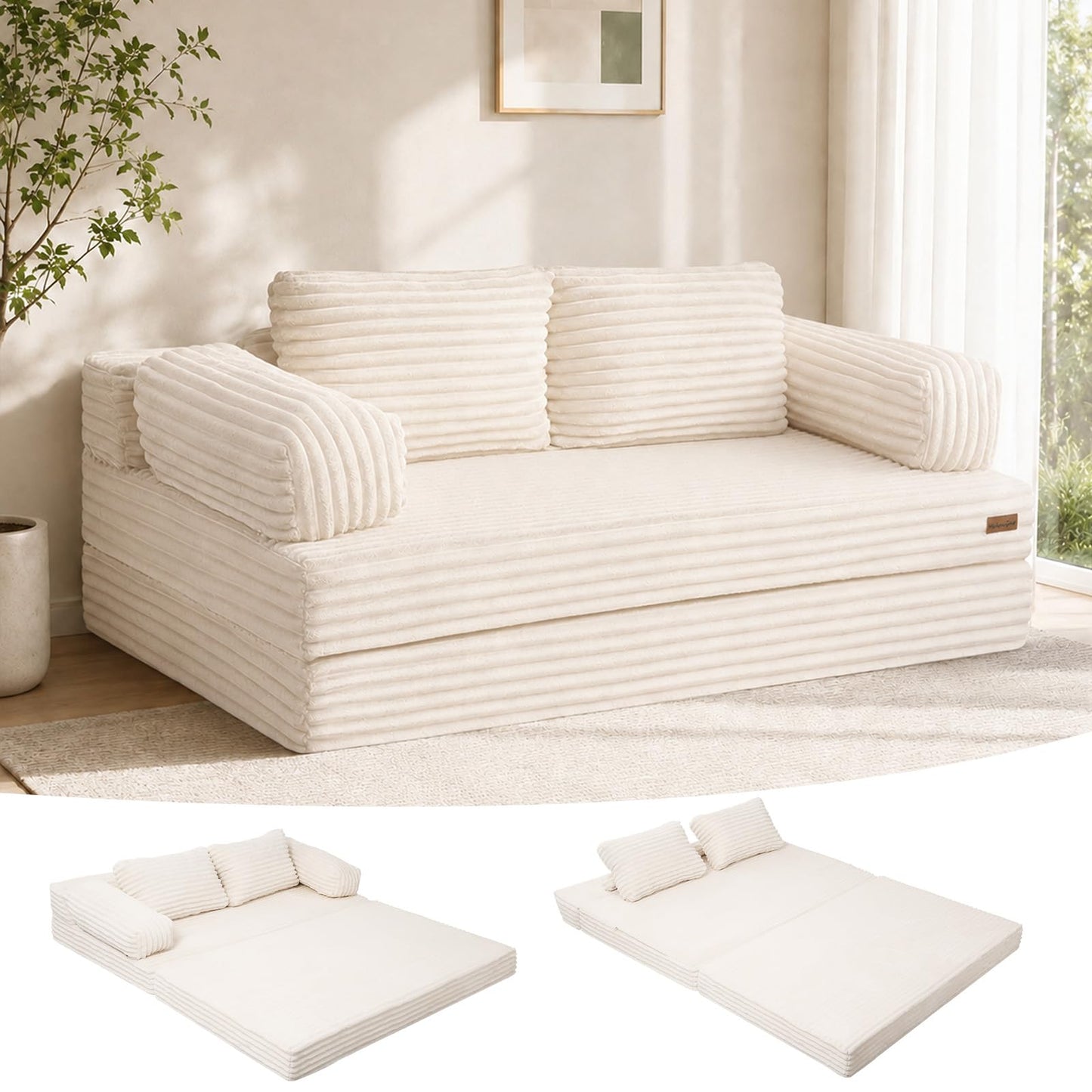 MeMoreCool Convertible Sofa Bed, Folding Floor Couch Bed Queen, Pull Out Sleeper Couch with Pillows, Fold Out Futon Sofa for Bedroom Living Room Small Space, Corduroy Beige
