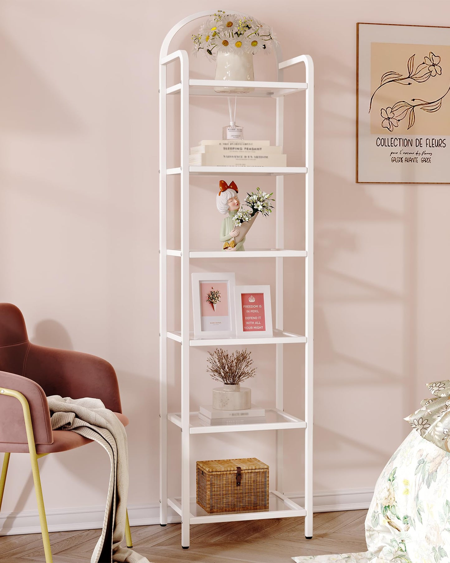 Hzuaneri Bookcase Bookshelf, Tempered Glass Bookshelves, Slim Shelving Unit for Bedroom, Bathroom, Home Office, Steel Frame, 6 Tier White BC10699W