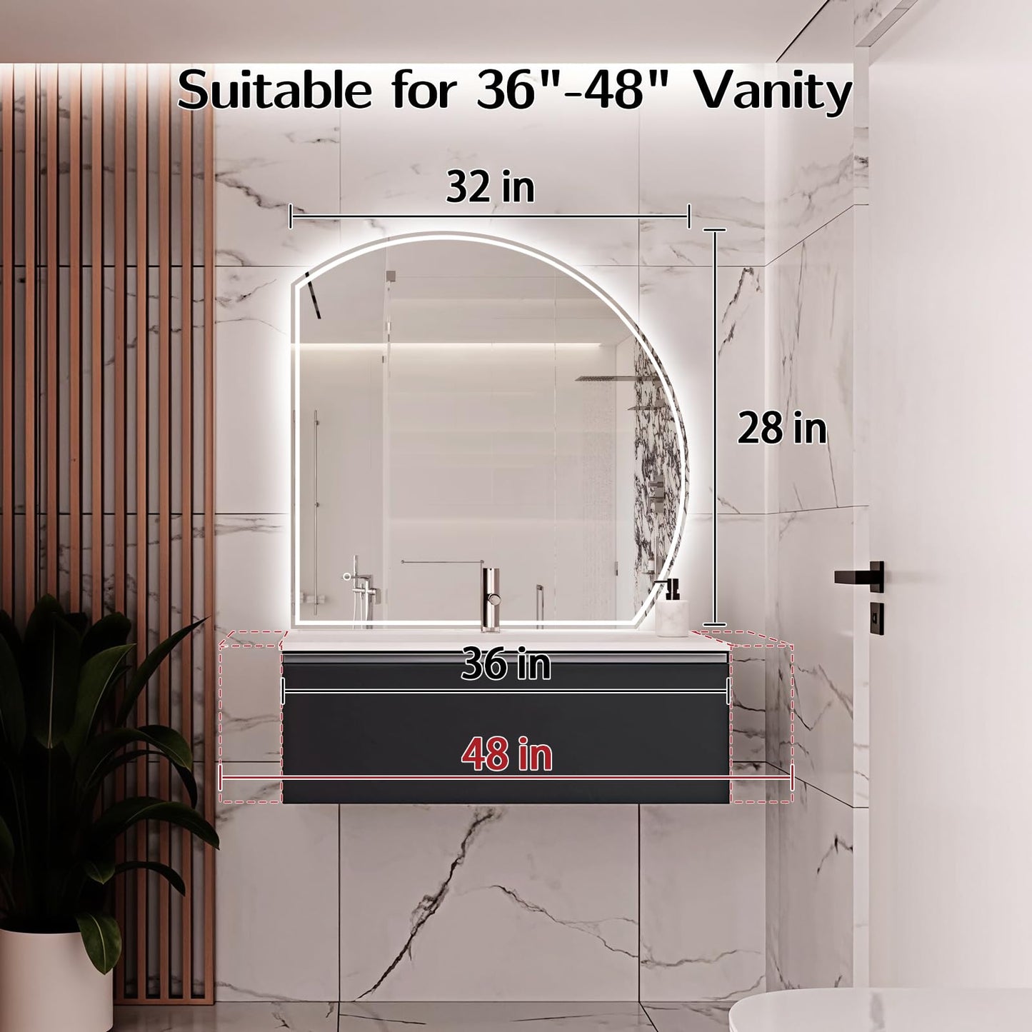 Niccy 32" Half Moon LED Mirror for Bathroom, Backlit/Front Lighted, Irregular 1/4 Round Lighted Mirrors with Bedroom Wall-Mirror, Frameless-Mirror for Entryway, Anti-Fog, Dimmable, Makeup-Mirror