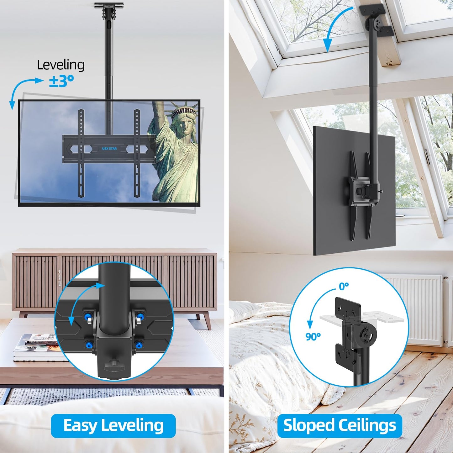 USX STAR Ceiling TV Mount for 26-65 inch TVs, 360° Swivel Full Motion Ceiling Mount TV Bracket, Height Adjustable, Tilt TVs Ceilings Mounts, Supports up to 110 Lbs, Max VESA 400x400mm