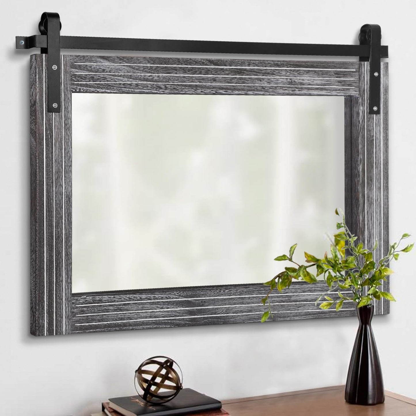 AAZZKANG Rustic Wall Mirror with Wood Framed Barn Door Mirror Rectangular Bathroom Mirror 18"x26" Bedroom Living Room Entrance Vanity Mirror Horizontal