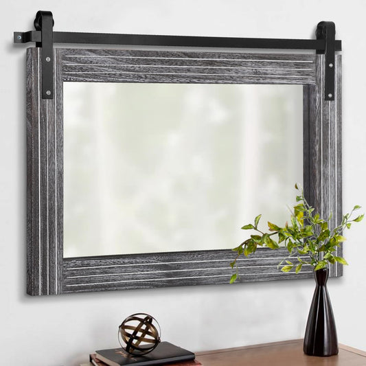 AAZZKANG Rustic Wall Mirror with Wood Framed Barn Door Mirror Rectangular Bathroom Mirror 18"x26" Bedroom Living Room Entrance Vanity Mirror Horizontal