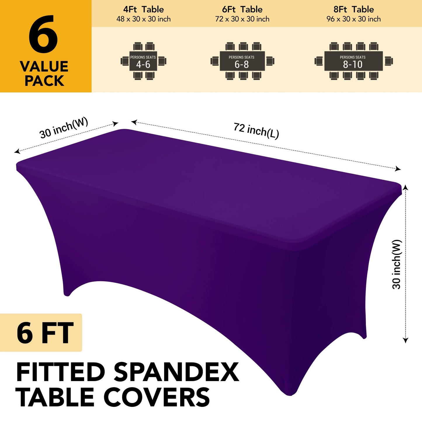 Dailyset 6-Pack Premium Purple Spandex Tablecloths for 6ft Rectangle Tables, Stain & Wrinkle-Resistant, Washable Stretch Polyester Fitted Table Cover for Weddings, Banquets, Trade Shows Events