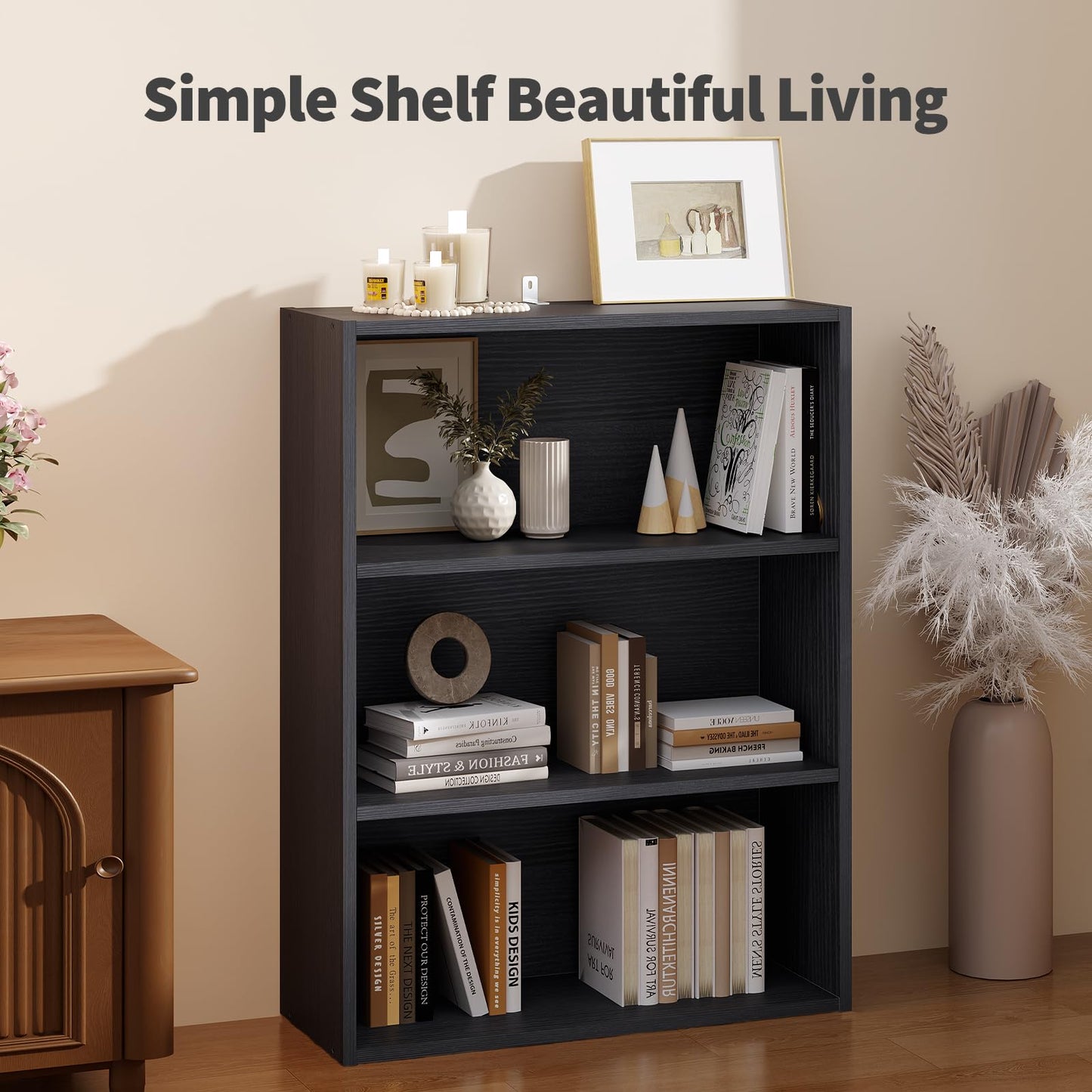 Sweetcrispy Industrial 3 Shelf Bookcase - Large 31.5 Inch Tall Floor Standing Open Bookshelf for Home Office, Living Room, and Bedroom Storage, Classic Black