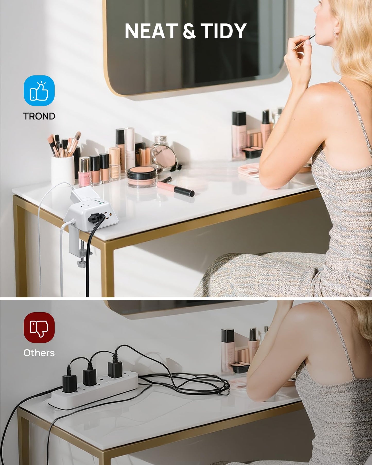 TROND Desk Clamp Power Strip with USB C PD 20W, Desktop Charging Station with 5 AC Outlets, 1440J Surge Protector, Fit 1.97in Tabletop Edge Thick, Extension Cord 6ft for Home Office Essentials, White
