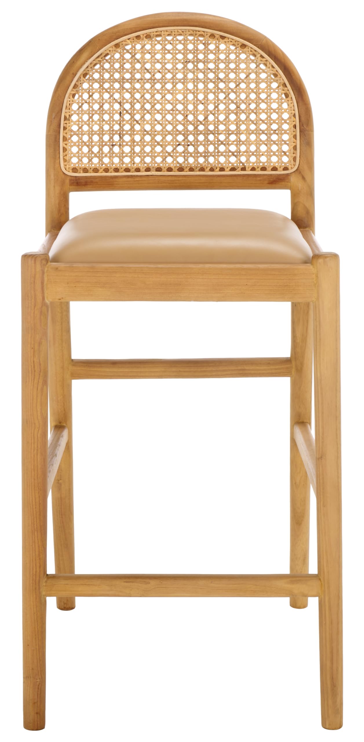 SAFAVIEH Couture Collection Laylie Tan/Natural Leather Solid Wood Rattan 26-inch Seat Height Kitchen Island Breakfast Nook Counter Stool (Fully Assembled)
