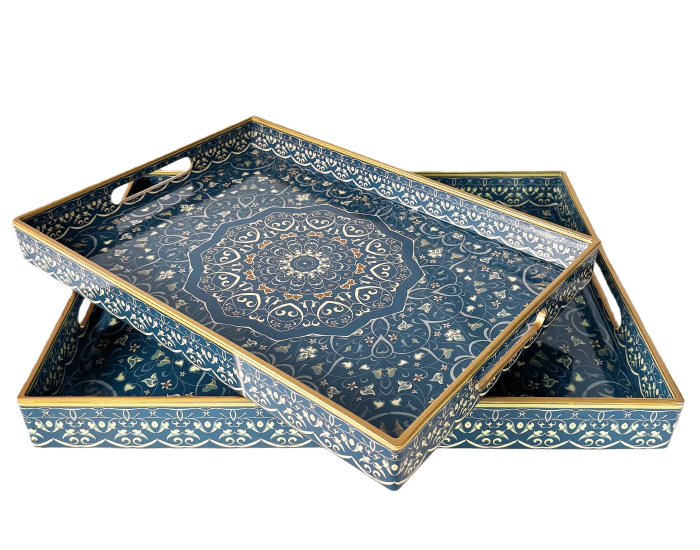 Umisriro Decorative Tray, Blue Serving Tray with Handles, Set of 2, Plastic Coffee Table Tray for Living Room, Ottoman, Bathroom, Kitchen, Decor, Large 15.7”*11.8”, Small 13.7"*9.8"