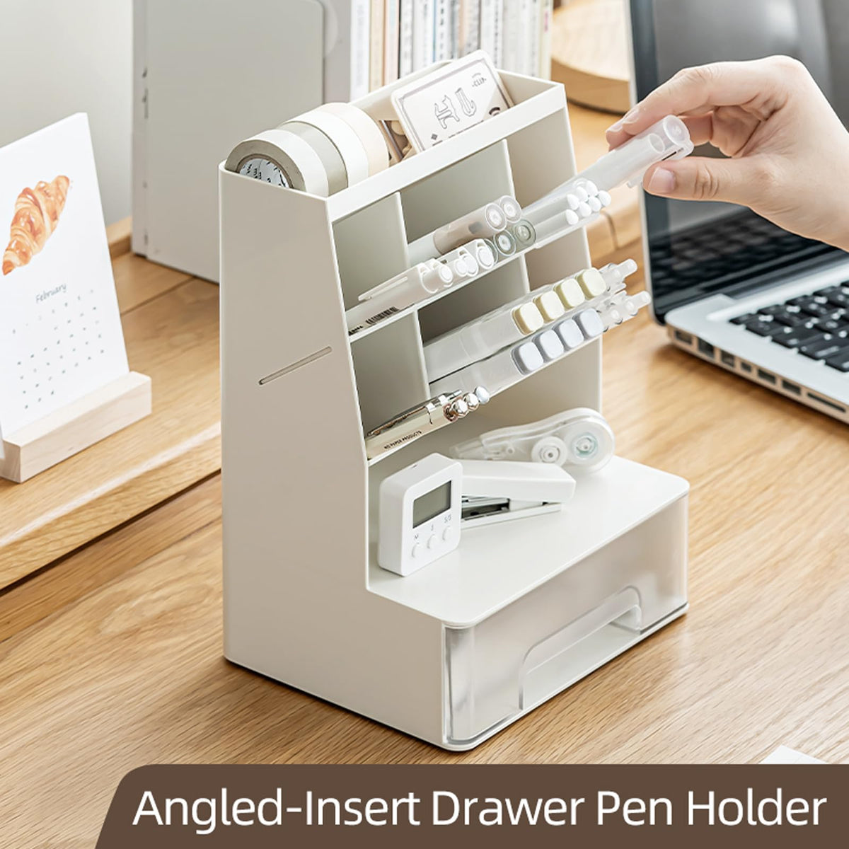 TNDCKP Large Plastic Pen holder with drawer and Vertical 6-Compartment, Dual-Purpose Art Supply Pencil Cup for Office, School, Home (WHITE)