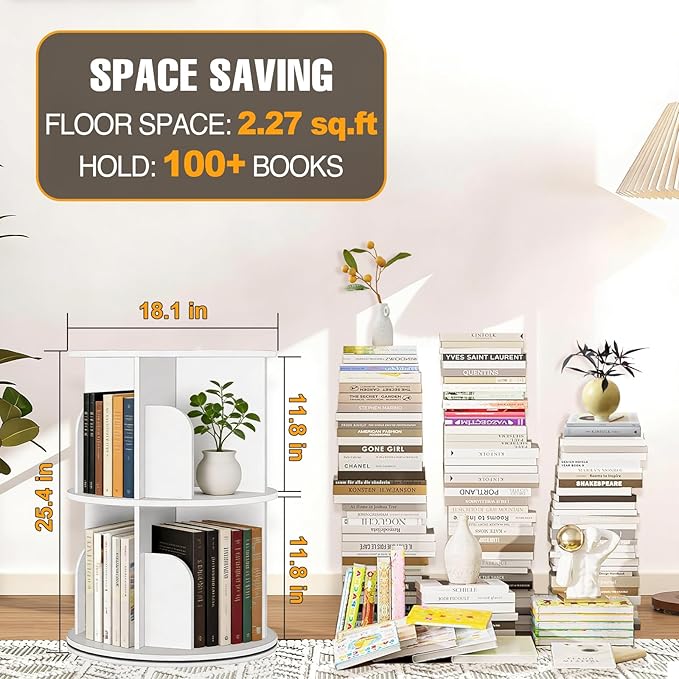 RUNSUNSPRI 2 Tier Rotating Bookshelf Tower Spinning Bookshelf Revolving