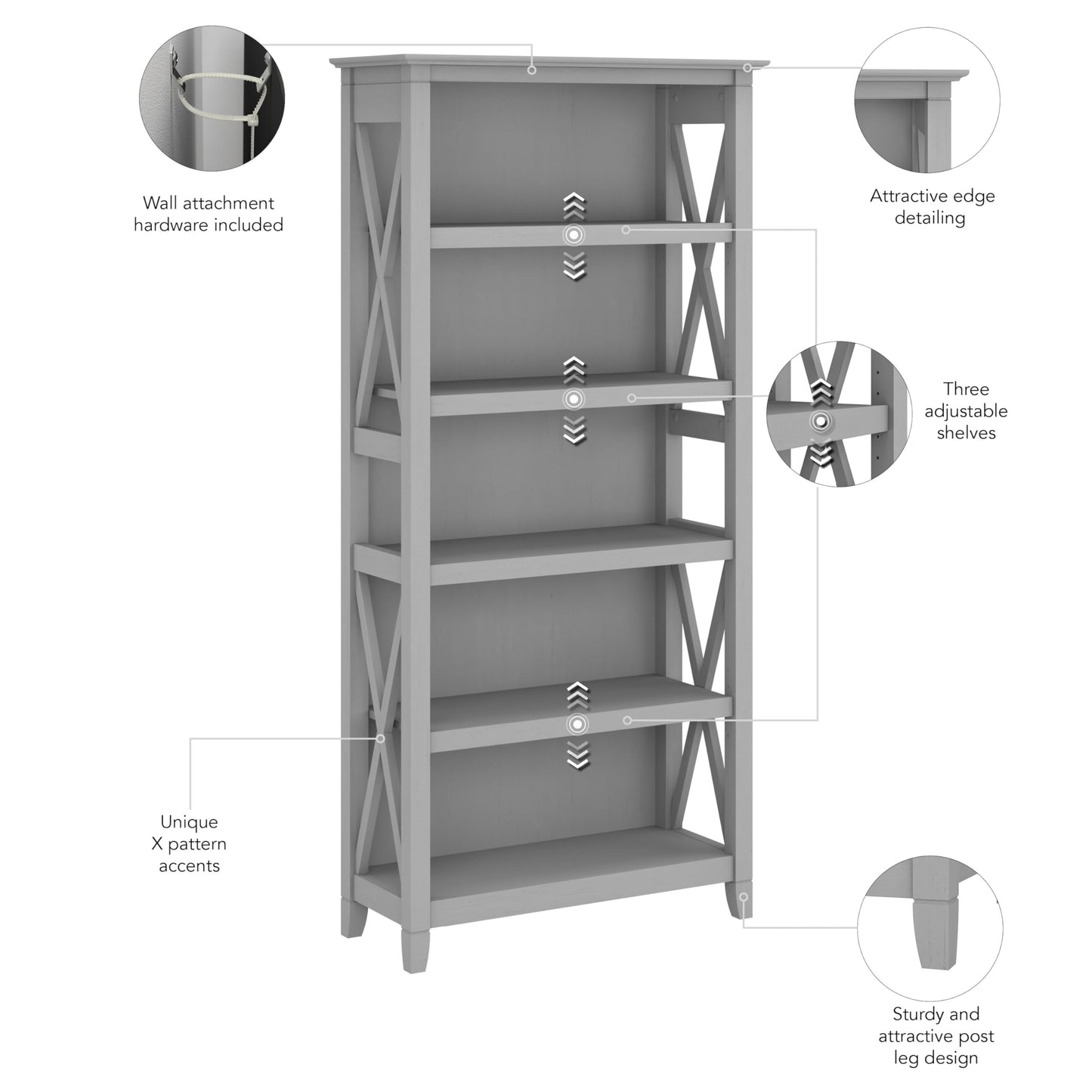 Bush Home Tall 5 Shelf Bookcase for Living Room or Home Office, Large Bookshelf, Modern Farmhouse Style, Key West Collection, Cape Cod Gray