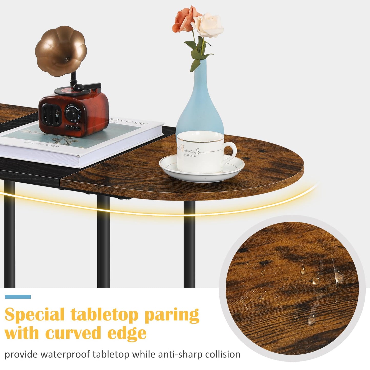 OYEAL Small Round Coffee Table for Living Room Farmhouse Oval Center Table Circular Coffee Table with 2-Layer Storage and Opening Shelf for Display,Small Space,Home Office,Black & Brown