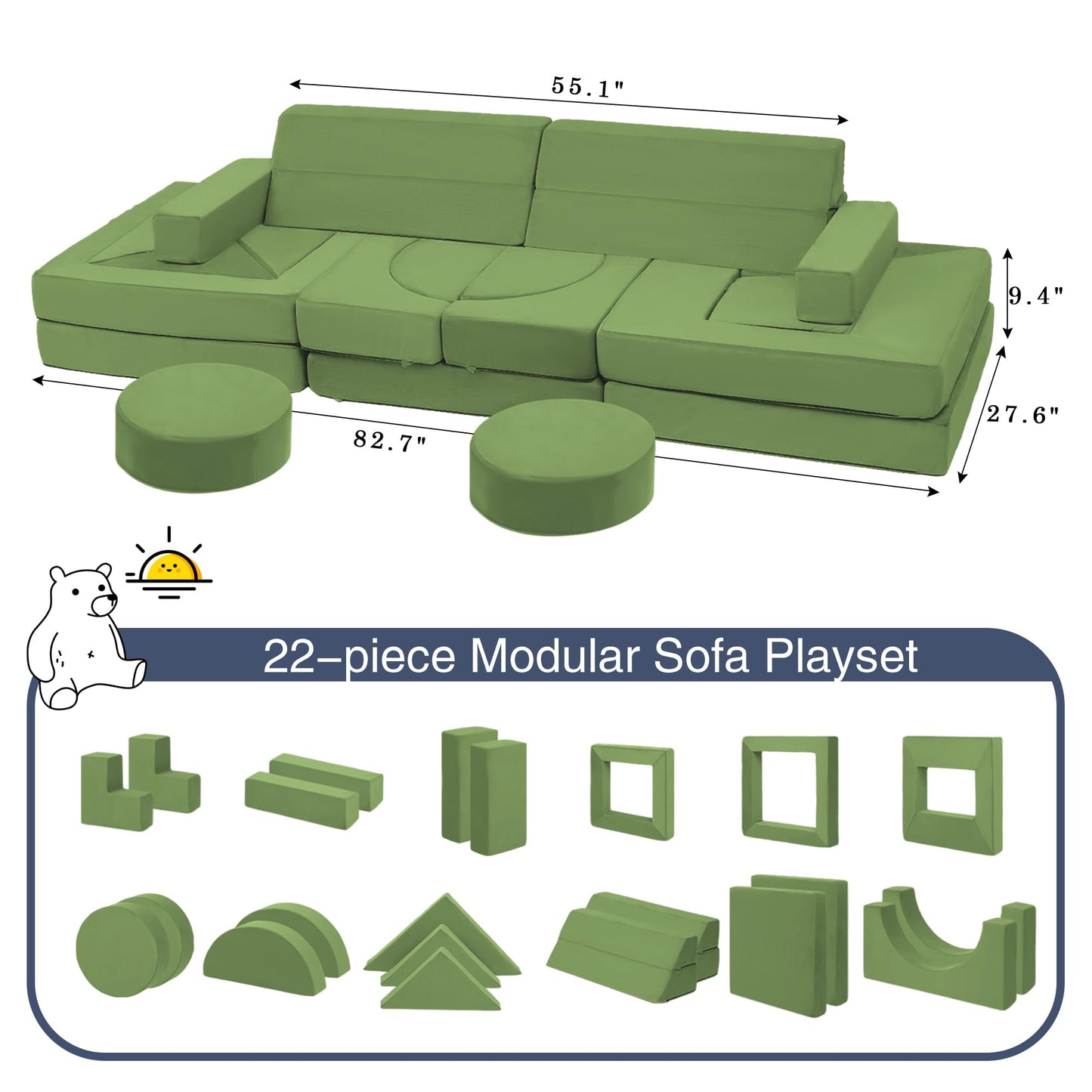 Edbuosy 22Pcs Modular Kids Play Couch - Kids Couch for Playroom Bedroom Living Rooms Toddler Sofa for Inspiring Child Creativity，Children Convertible Foam Sofa