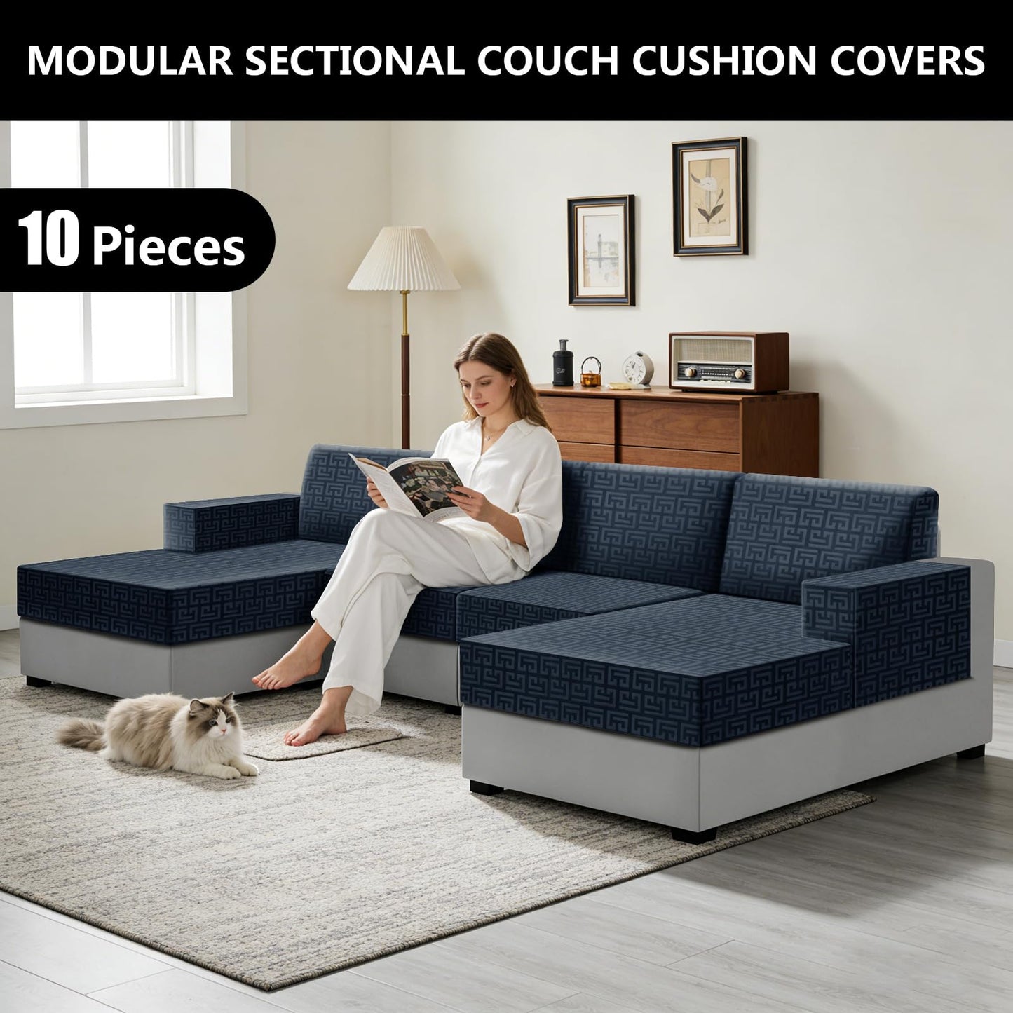 UNBBRRL 10 Pieces Stretch Sofa Cushion Covers for U-Shaped Modular Sectional Couch with 4 Seats+4 Backs+2 Arms, Upholstered Covers for Sofa Bed with Deep Double Chaise (Denim Blue,10 Pieces Set)