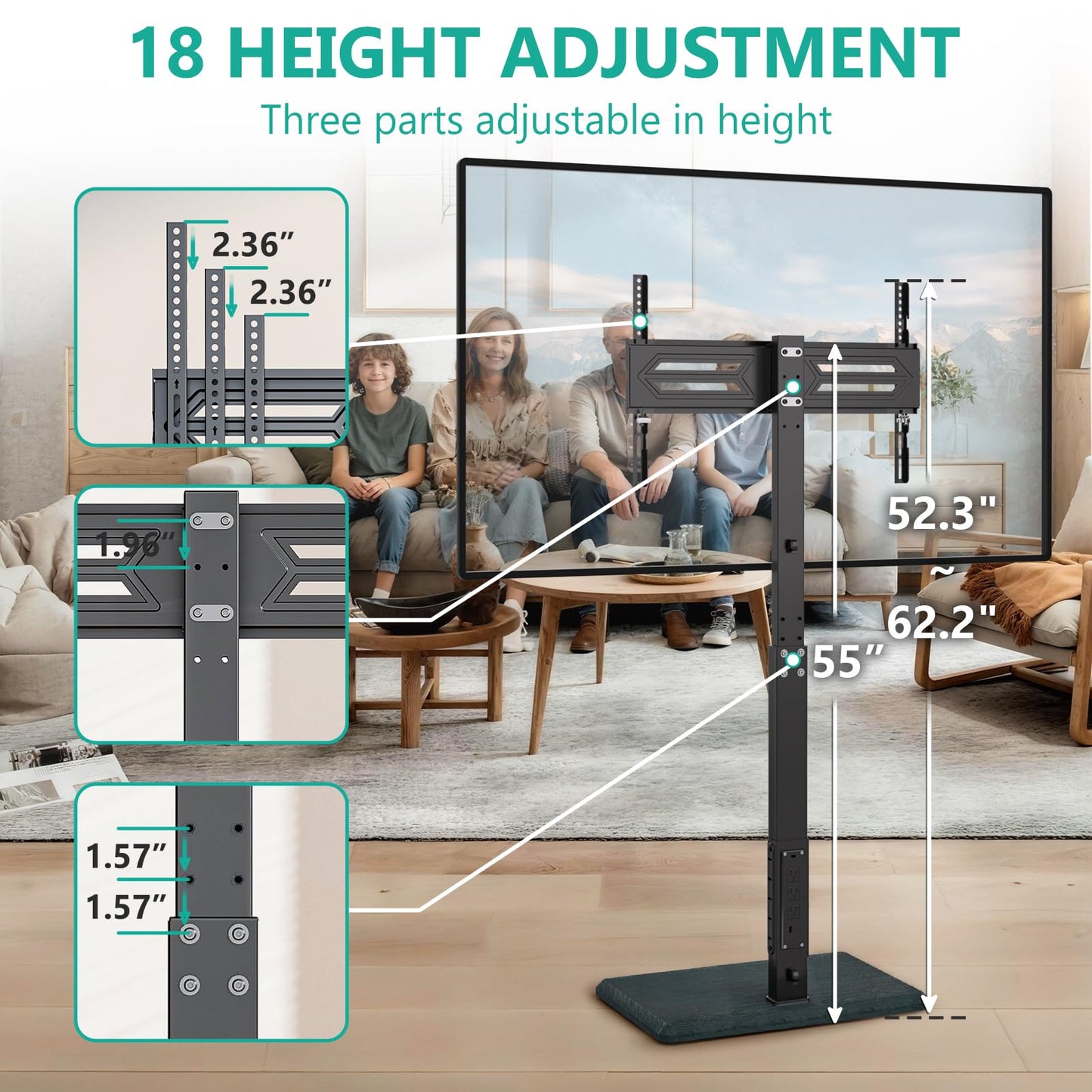 WALI Floor TV Stand with Power Outlet, Tall TV Stand Mount for 32-75 inch TV up to 110 lbs, Swivel and Height Adjustable TV Stands with Wood Base for Bedroom, Living Room(TVDVD-7P), Black