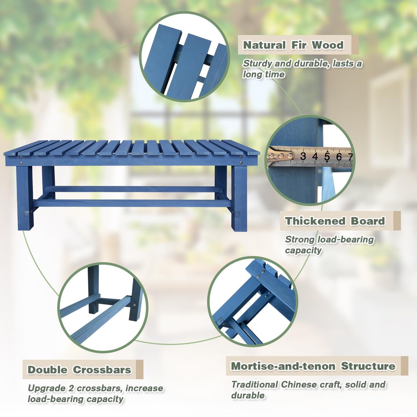 Outdoor Garden Wood Bench, 2-Person Weatherproof Wooden Bench Park Narrow Bench, Never Rot or Fade Waterproof Backless Bench for Entryway, Outdoor, Patio, Porch, Backyard and Park (Blue, 35.5''/90cm)