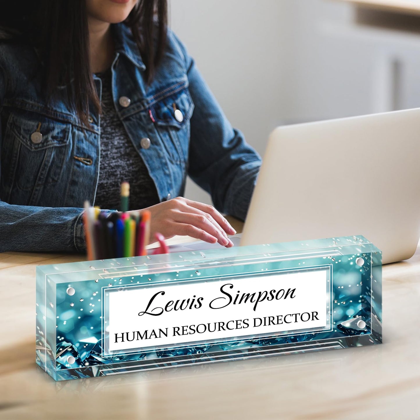 HETOOSHI Desk Name Plate Personalized, Desk Double sided pattern Name Plate Personalized Office Desk Decor for Women and Men , Teacher Nurse Boss Employee Appreciation Gifts (Green diamonds, fixed pattern)
