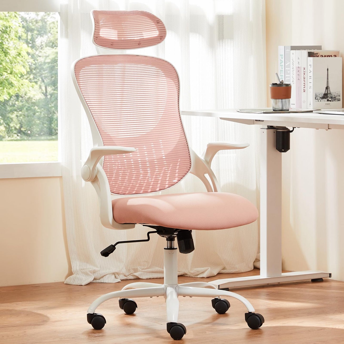 HAPPYMONT Ergonomic Office Chair, Comfy Desk Chair with Wheels, Adjustable Headrests, Flip-Up Armrests, Breathable Mesh High-Back, Comfortable Swivel Seating for Home Computer, Pink