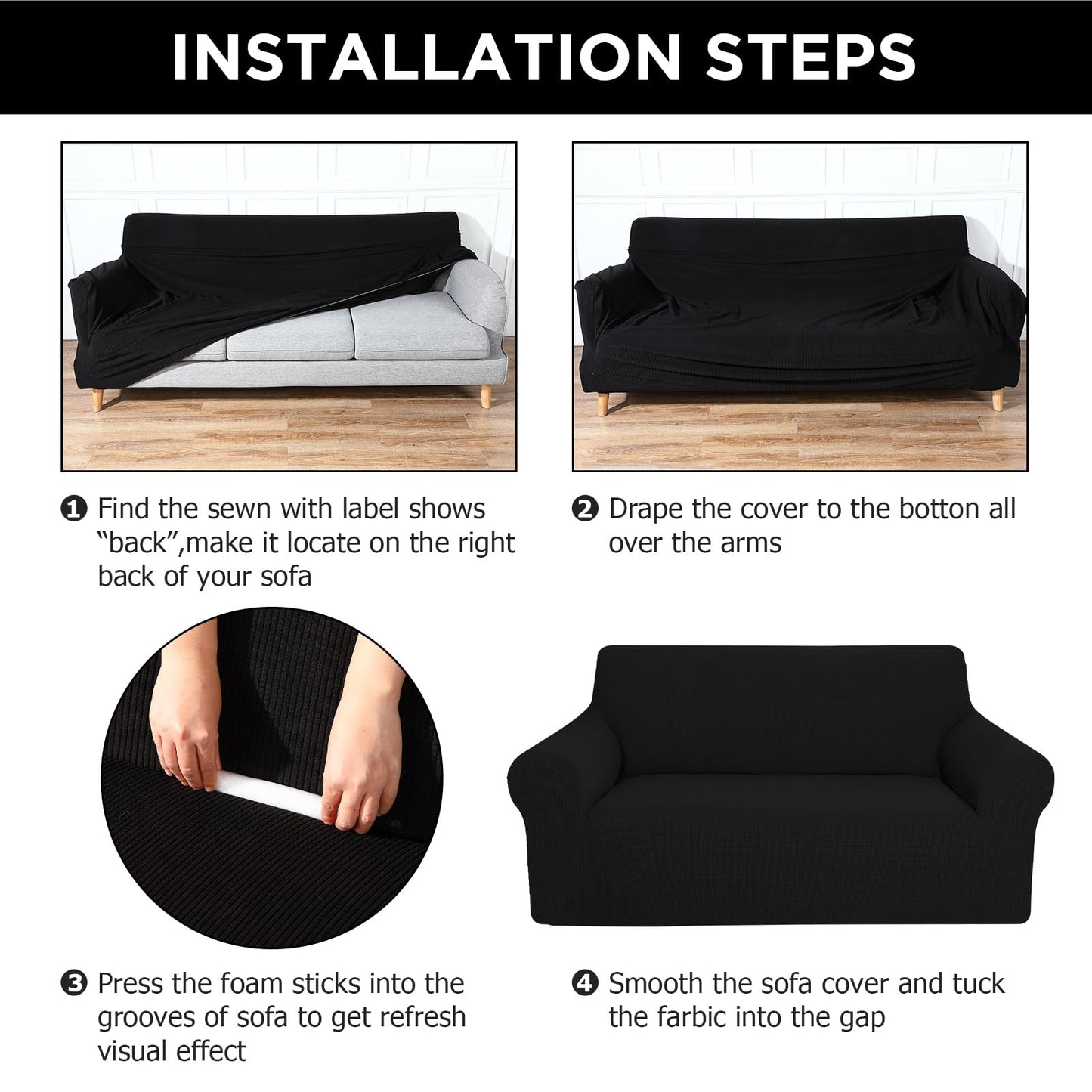 Peryiter 2 Pcs Sofa Covers Couch and Loveseat Covers Set Stretch Sofa Slipcover for Living Room Armchair Furniture Protector, Wrinkle Proof(Black,Jacquard)
