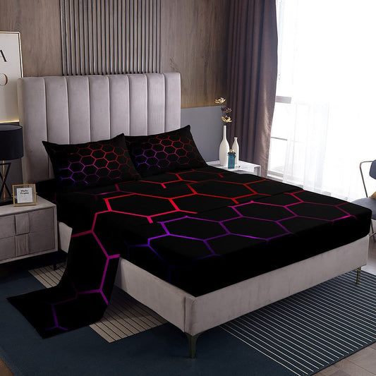 Feelyou Boys Cartoon Honeycomb Bed Sheets Geometric Hexagon Sheet Set for Kids Teens Girls Colorful Grid Art Neon Decor Bed Set Purple Red Black Sheets Bedroom Collection 3Pcs Twin Size