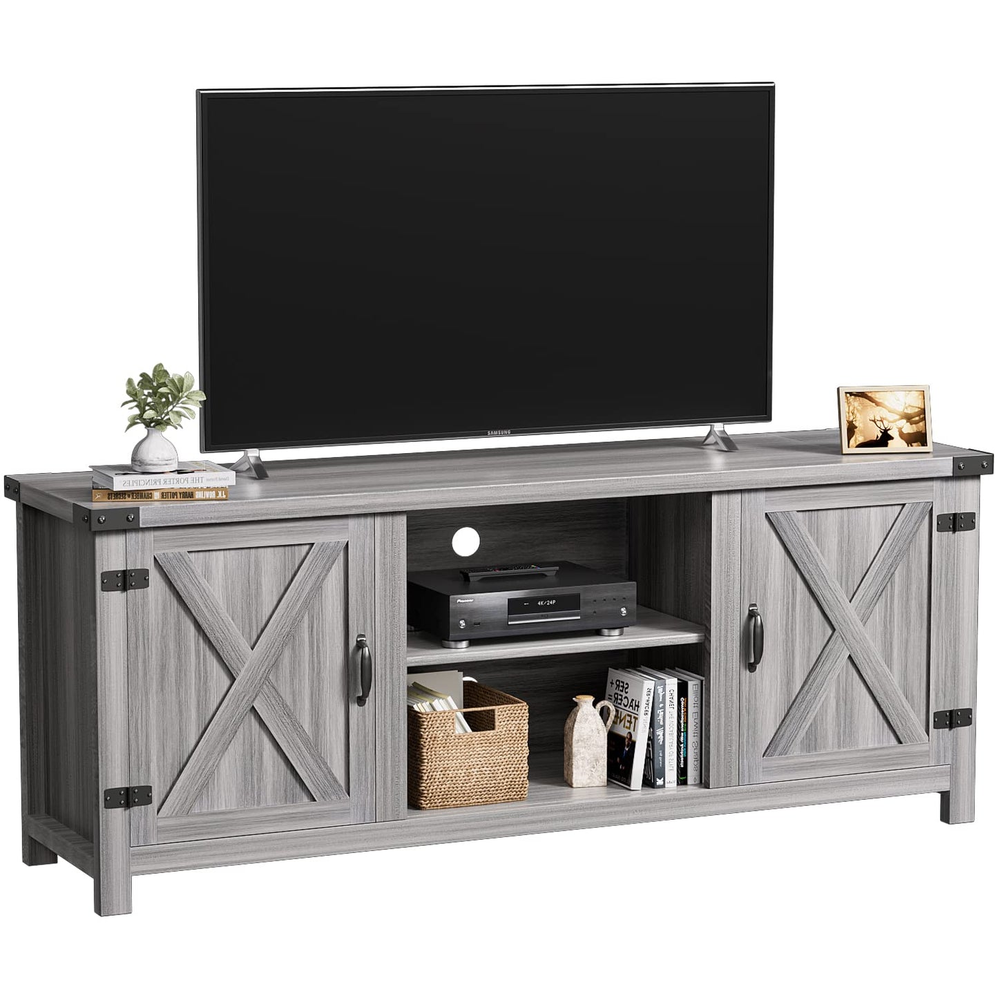 YESHOMY Modern Farmhouse TV Stand with Two Barn Doors and Storage Cabinets for Televisions up to 65+ Inch, Entertainment Center Console Table, Media Furniture for Living Room, 58 Inch, Gray Wash