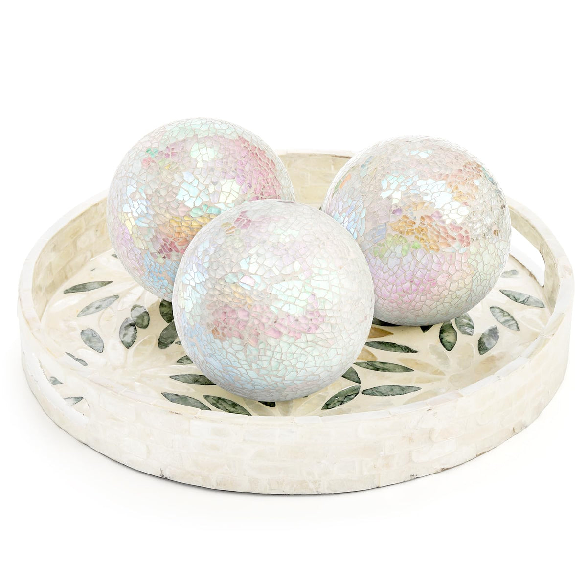 TOPZEA Set of 3 Decorative Balls, 4 Inch Glass Mosaic Orbs Sphere Bowl Fillers, Coffee Table Centerpiece Ball Ornaments for Living Room, Christmas, Holiday Party, White Home Decor