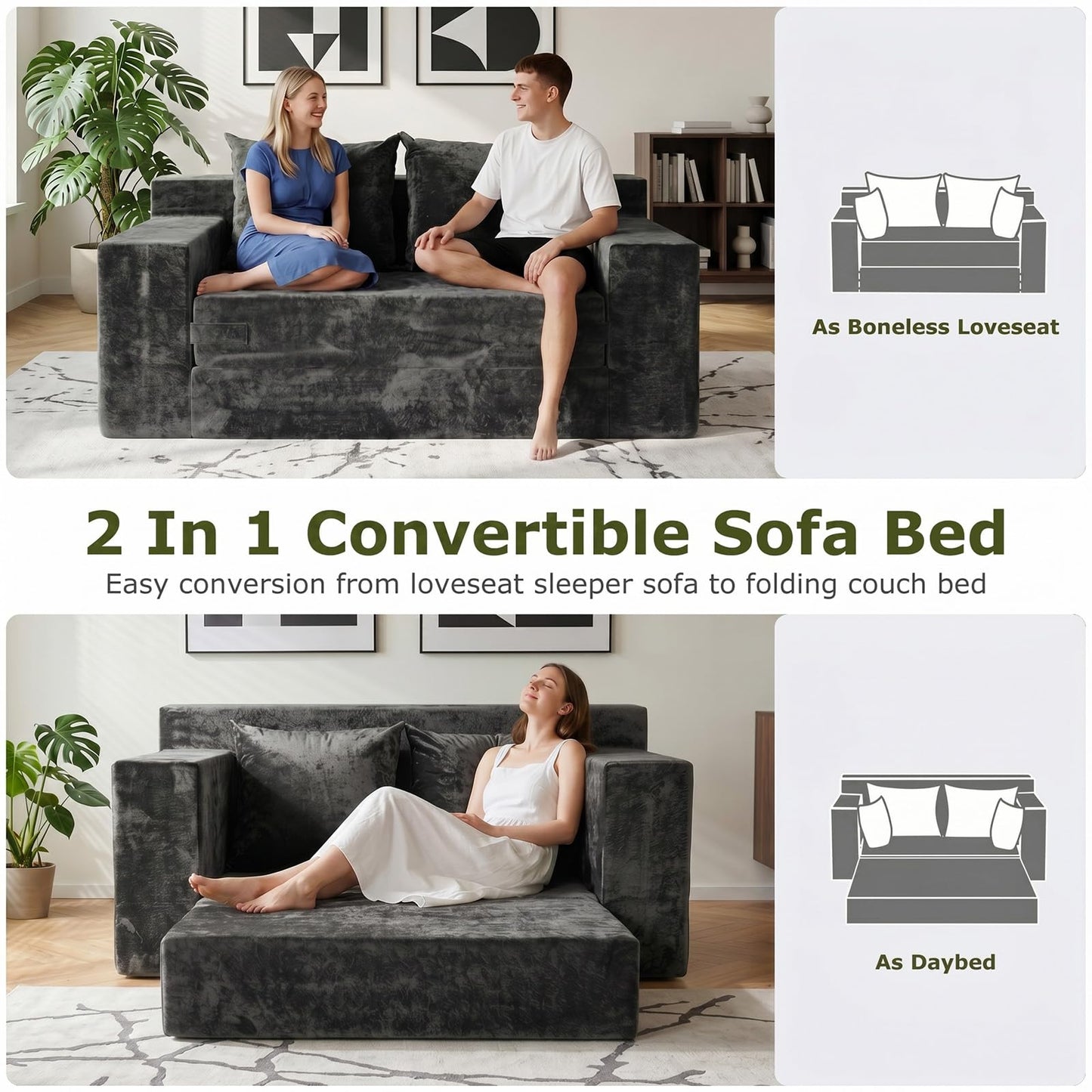 feliz home Boneless Loveseat Couches, Convertible Sofa Bed Folding Couch Bed, Boneless Chair Bed & Futon Sofa Bed, Small Pull Out Couch Foldable with 4 Pillows for Living Room, Dark Grey