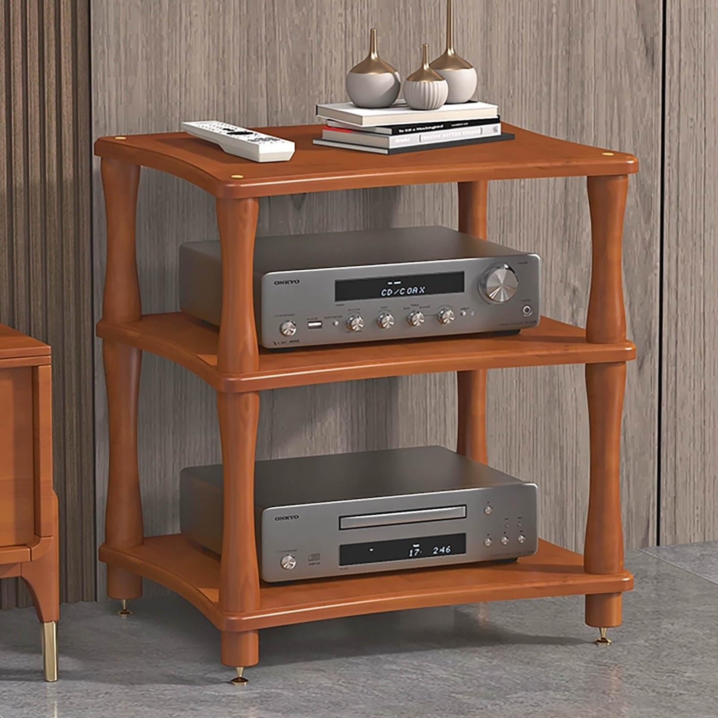 AV Media Stand, Solid Wood Audio Rack, Media Storage Shelf with Copper Shock-Absorbing Foot Nails, Stereo Rack Sound Tower, for Home, Office, Theater(Brown,3 Tier 60x48x64C