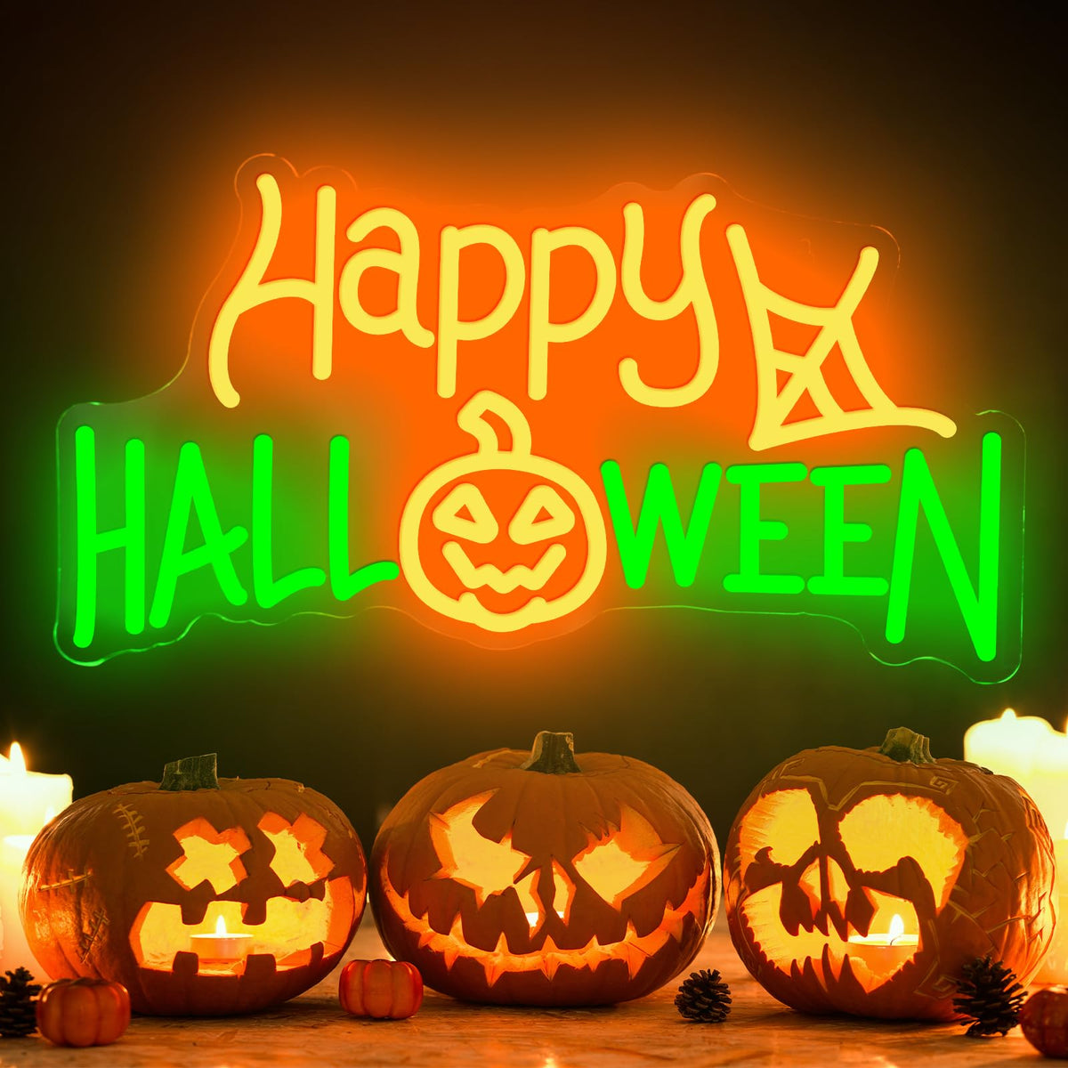 Happy Halloween Neon Sign, LED Halloween Light Up Decor Web Pumpkin Neon Signs for Wall Bedroom Home Bar Halloween Party Decor Halloween Present for Trick or Treat Party Backdrop